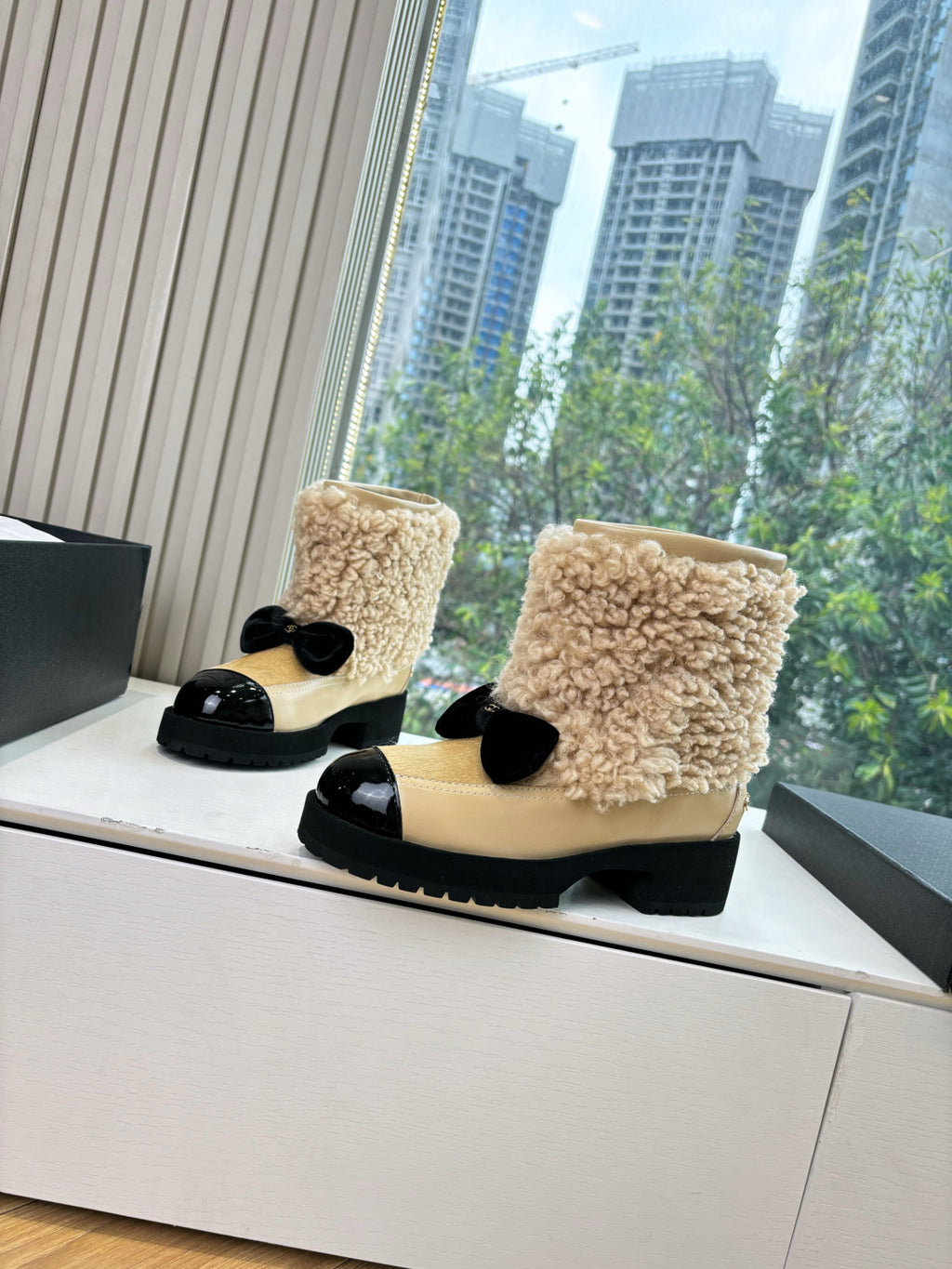 Chanel Short Boots Shearling Lambskin Calfskin Lambskin Patent Calfskin Beige Black #334244
