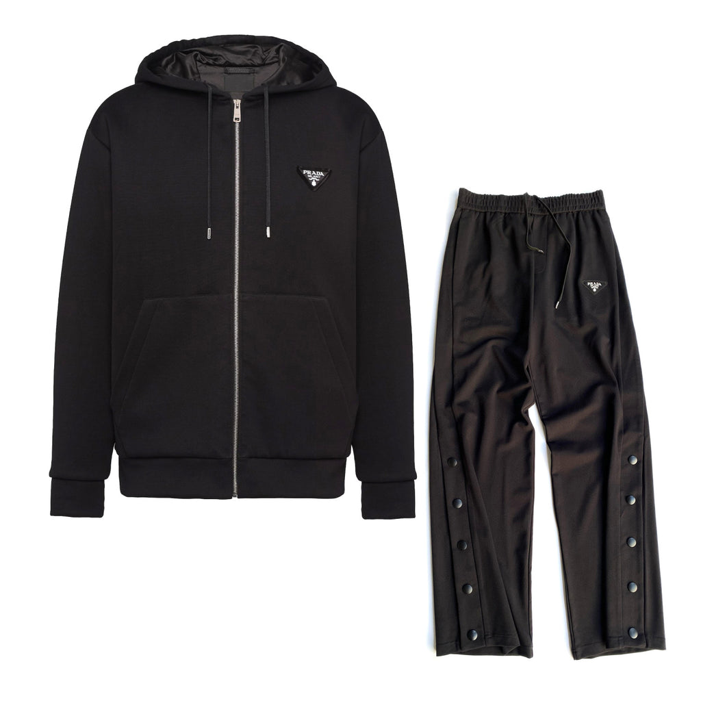 Prada Men's Winter Cotton Zip Drawstring Hooded Jacket Stretch Sweatpants Pants Suit Set #97743