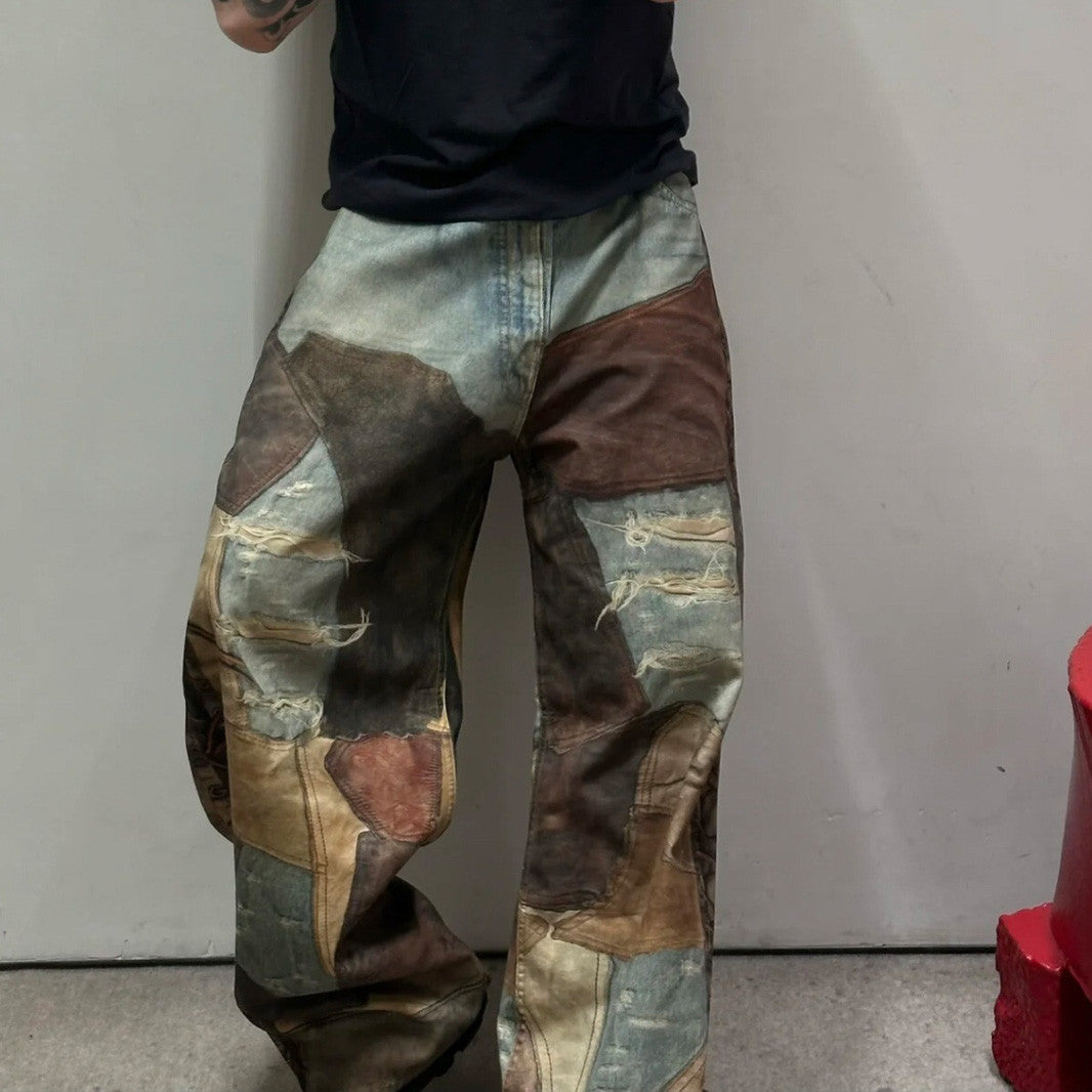 Acne Studios Men's Four Seasons Vintage Mud Dye Spliced Printed Loose Cotton Mid Waist Wide Leg Denim Pants Ngvp #8369