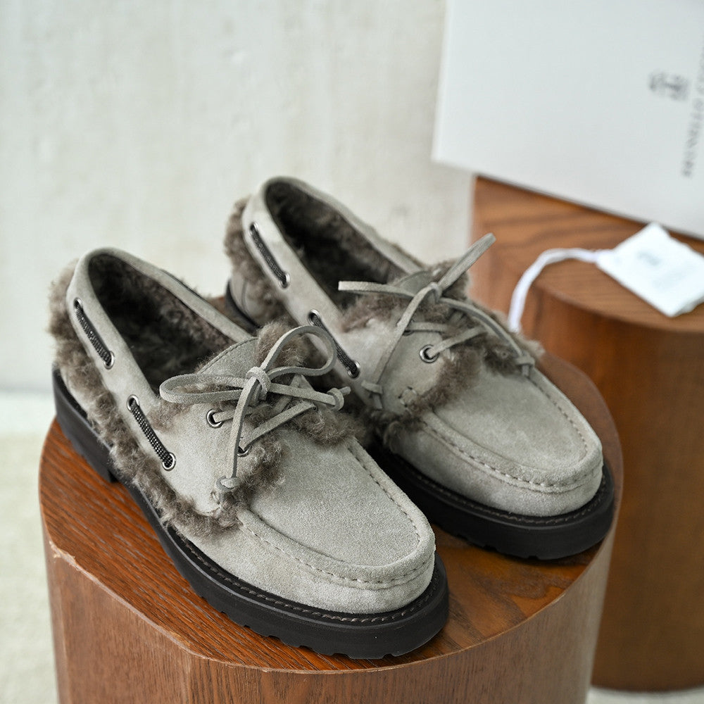 Brunello Cucinelli Bead Embellished Shearling Trimmed Suede Loafers #333658