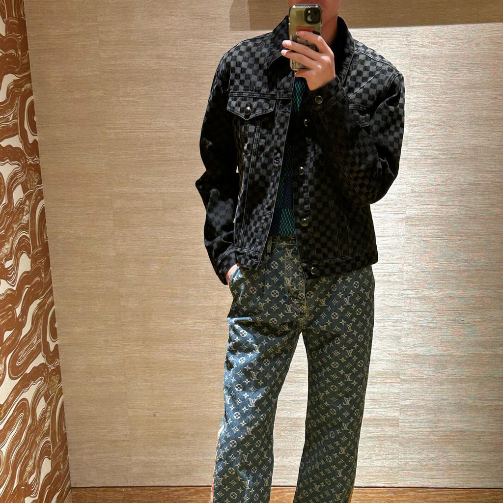 Louis Vuitton Men's Spring Autumn Black Checkered Damier Flocked Suit Lapel Single Breasted Long Sleeve Jacket Straight Wide Leg Trousers Suit Set #81138