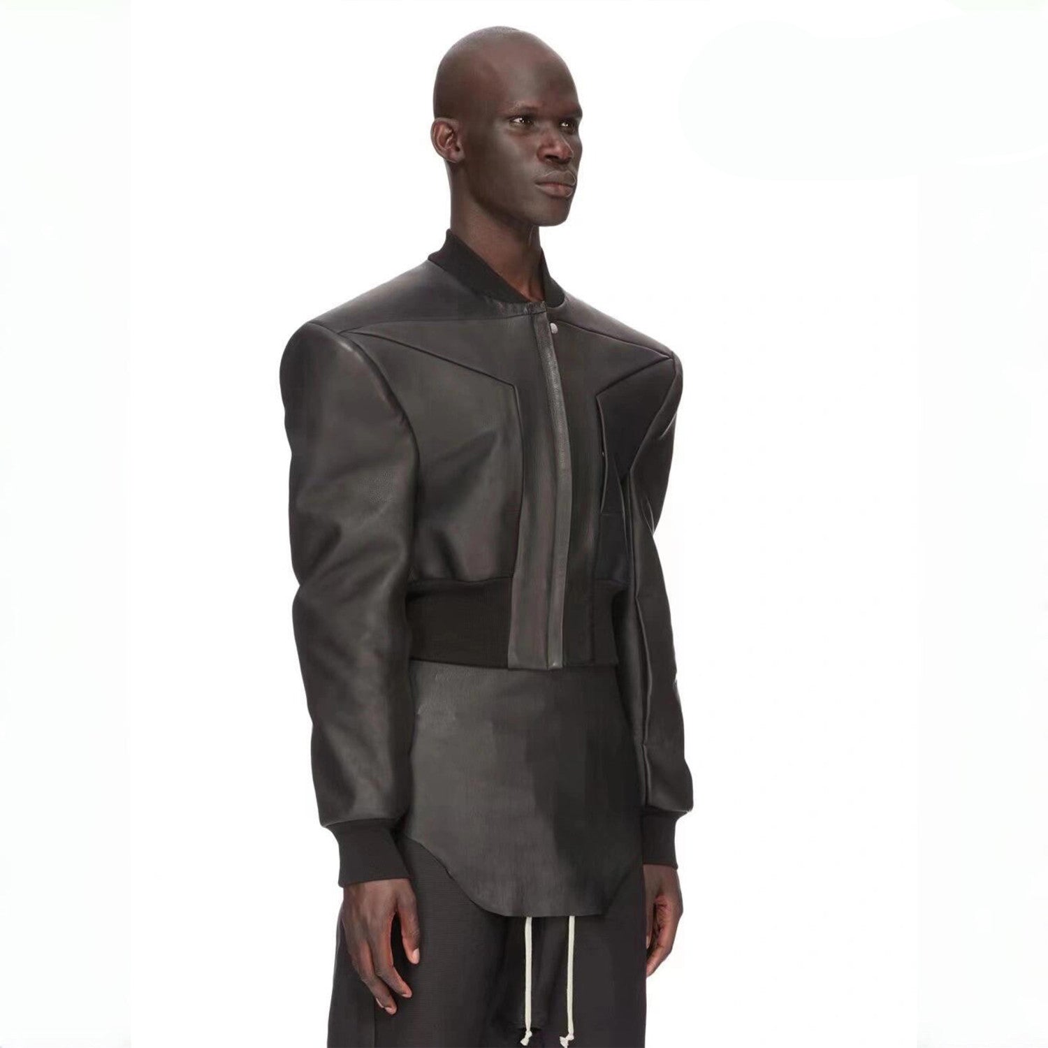 Rick Owens Men's Spring And Autumn Standing Collar Short Shoulder Padded Leather Jacket High Street Hip Hop Zip Long Sleeve Leather Jacket Ngvp #9828