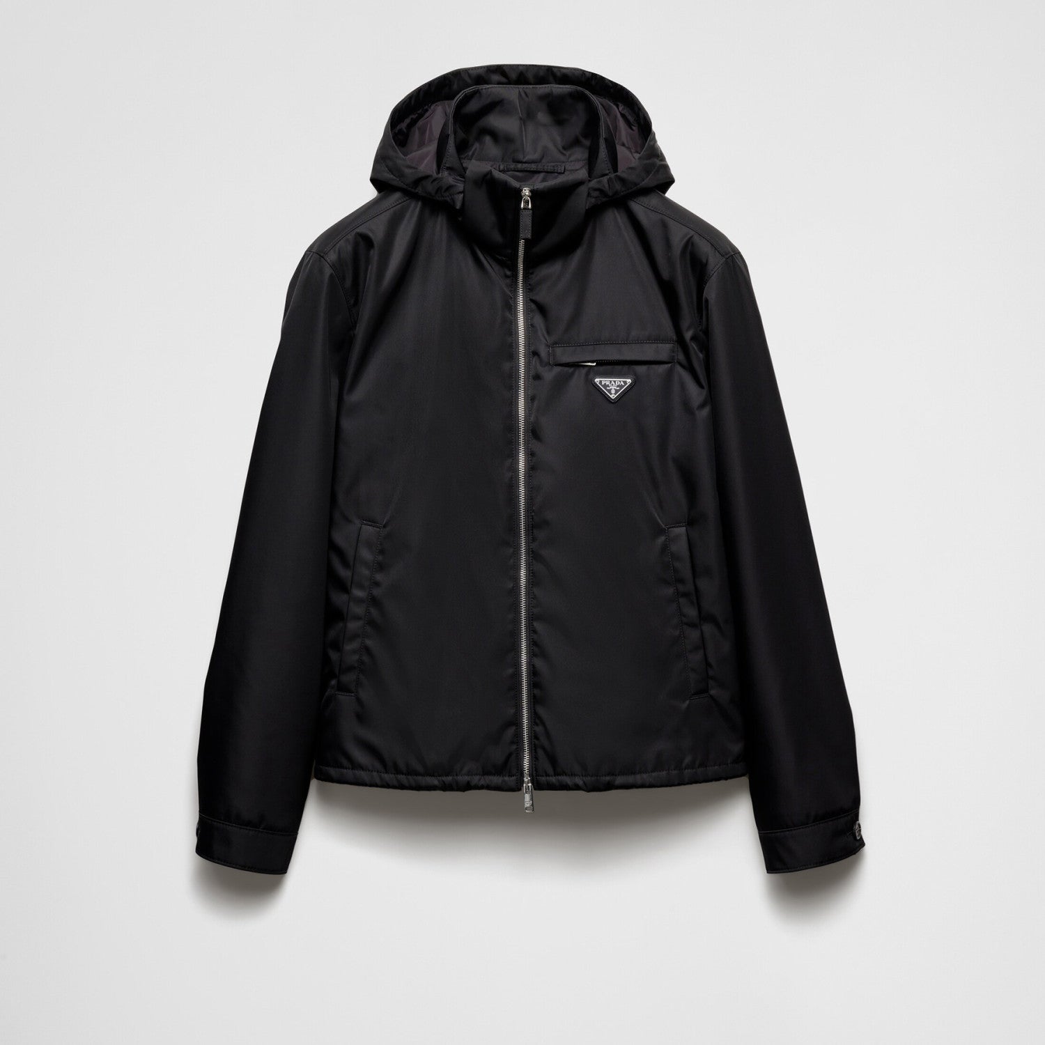 Prada Men's Fall And Winter Recycled Nylon Short Jacket Black Hooded Zipper Jacket Logo Pockets Fashion Trend Casual Jacket #81397