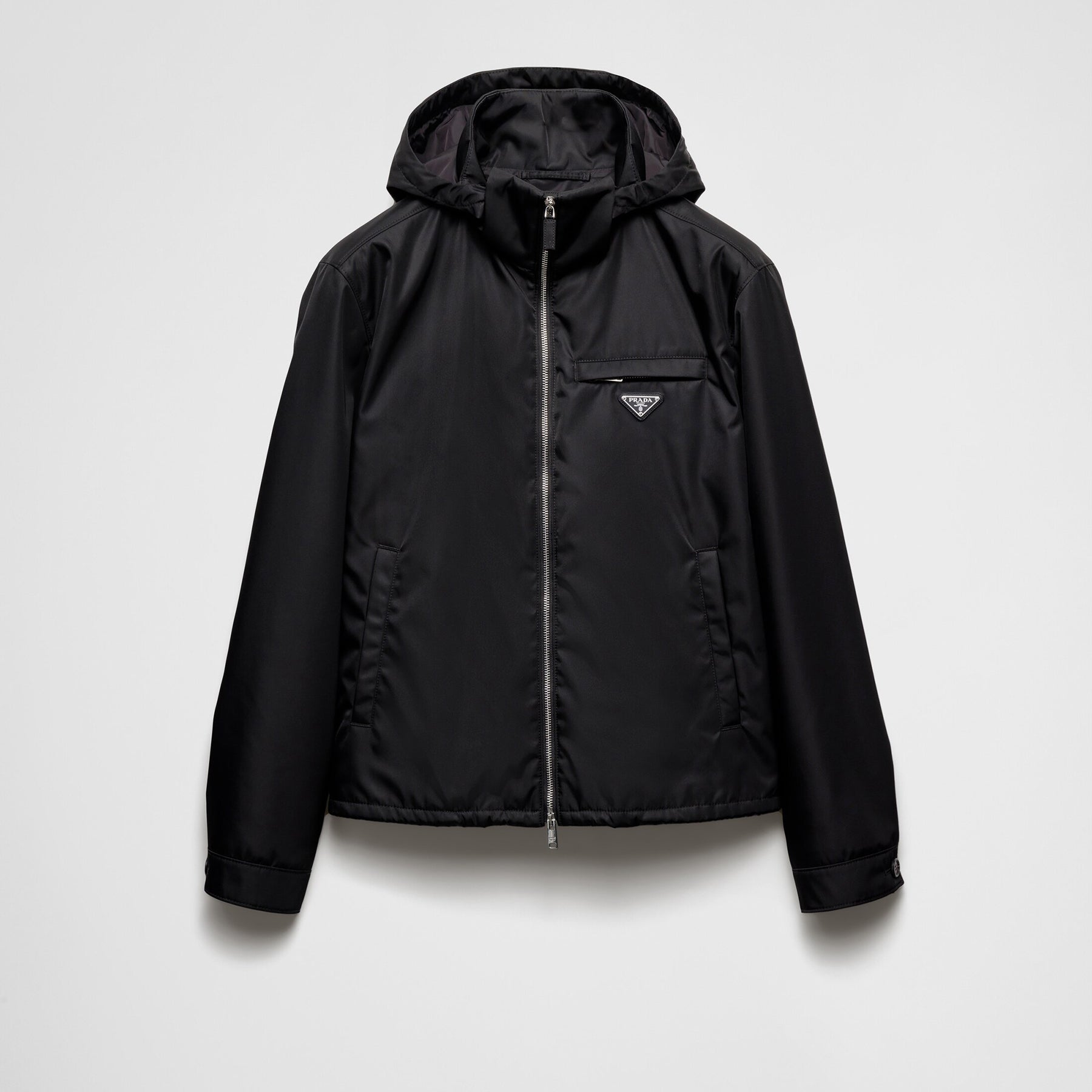 Prada Men's Fall And Winter Recycled Nylon Short Jacket Black Hooded Zipper Jacket Logo Pockets Fashion Trend Casual Jacket #81397