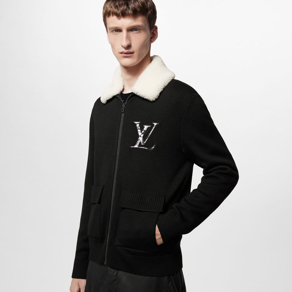 Louis Vuitton Men's Fall/Winter Wool Blouson With Shearling Collar Black Logo Pattern Jacquard Lapel Sheep Zipper Jacket #98114