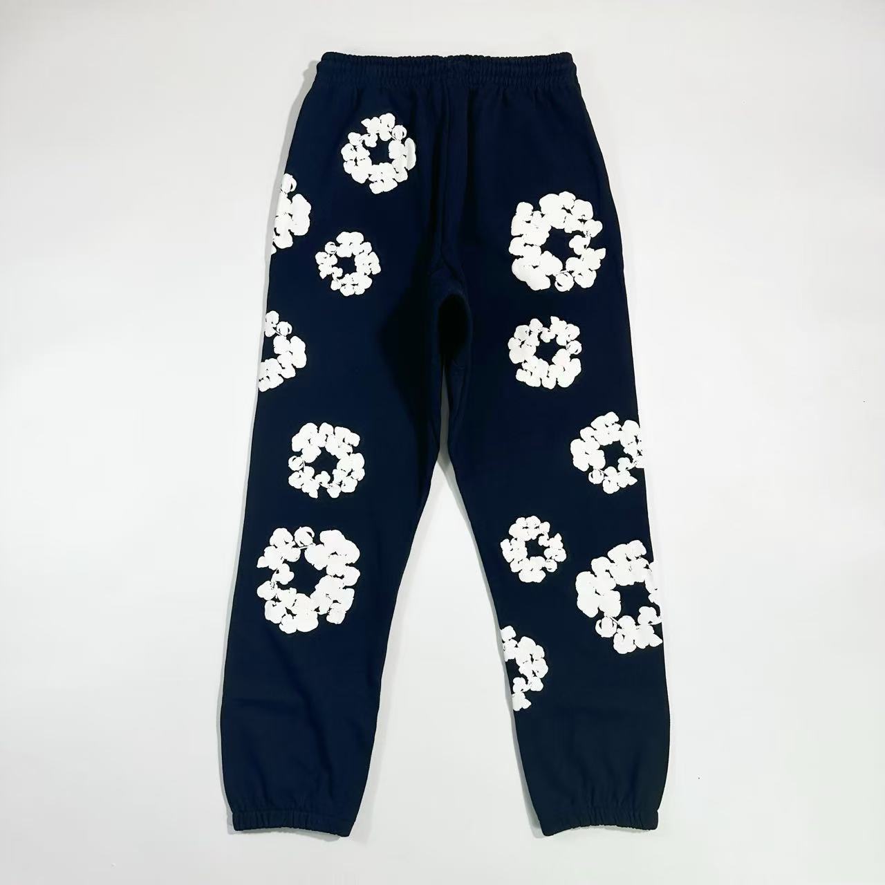 Denim Tears Men's And Women's Spring/fall Fashion Trend Solid Color Elastic Waist Tie Up Cotton Flower Foam Print American High Street Chic Brand Cuffed Sweatpants Long Pants #79536