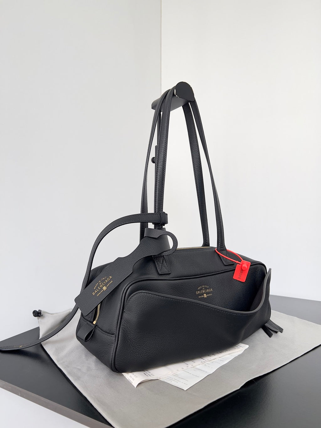 Balenciaga Men's Carrie Black Cowhide Small Bowling Bag with Aged Gold Metallic Accessories Handbag Bags #76257