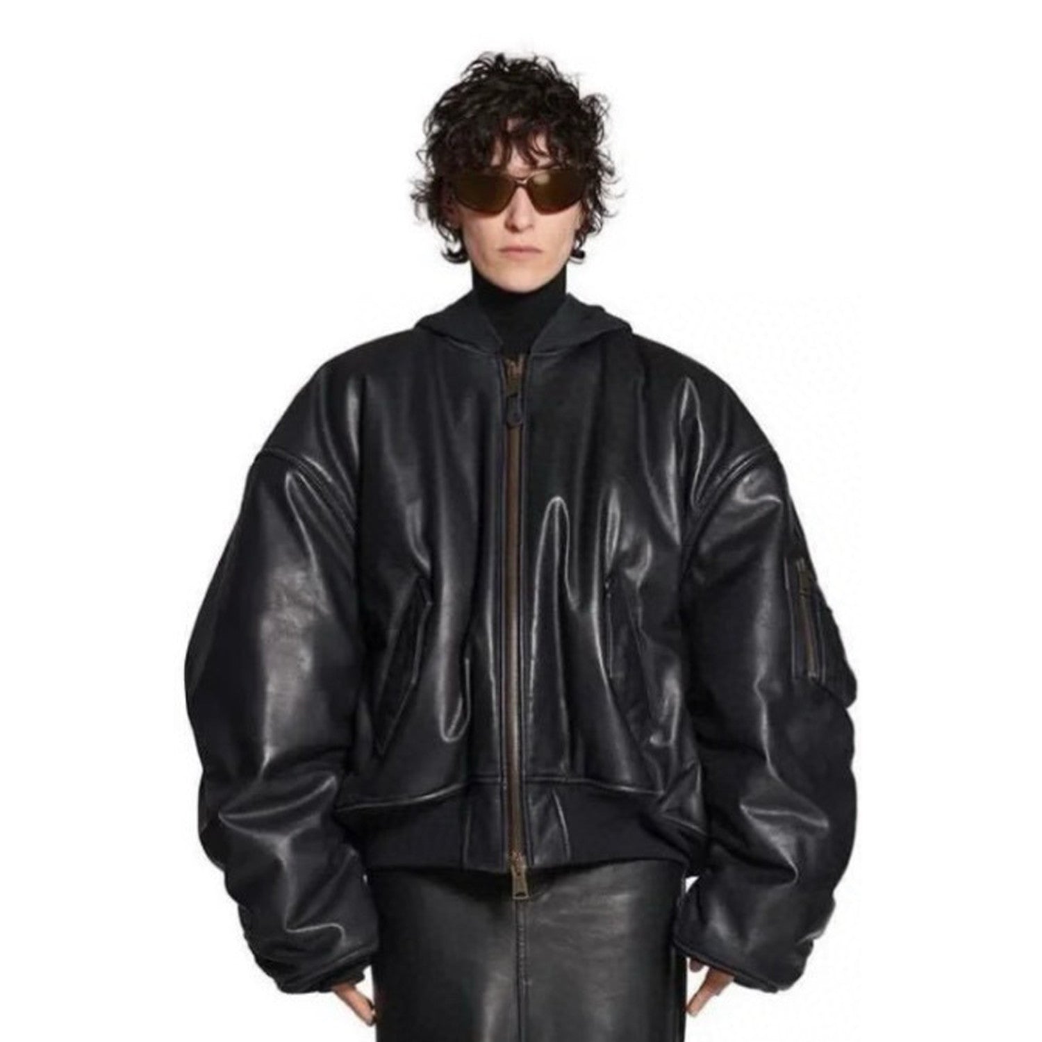 Balenciaga Men's Women's Spring and Autumn Long Sleeve Zipper Loose Black Glossy Cowhide Hooded Aviator Jacket Ngvp #7844