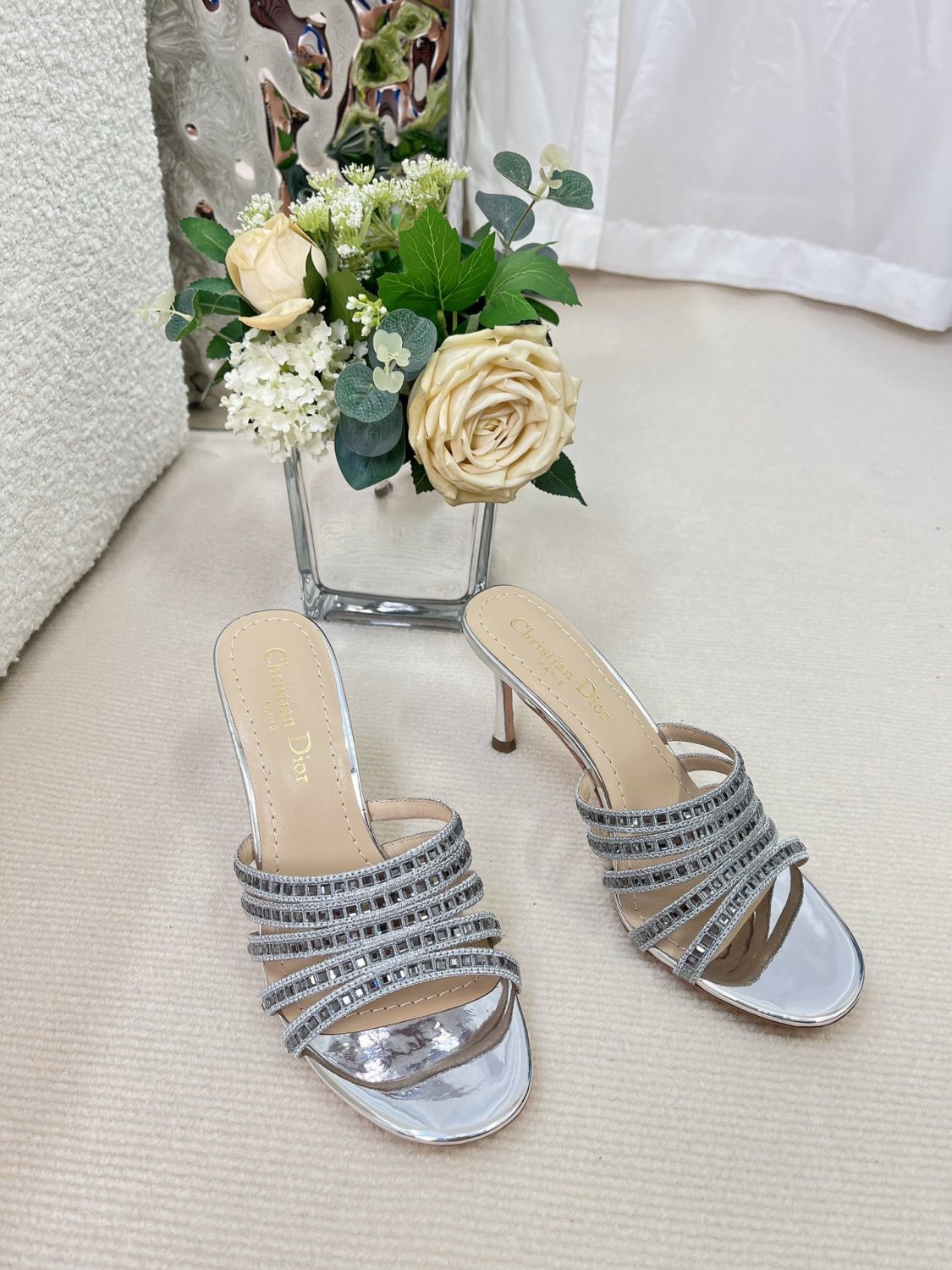 Dior Gem High Heel Fashion Sandals Slippers Women's Spring And Summer Black Silver Gold 8cm Leather Shoes Heel Fashion Temperament Sexy High Heel Shoes #81416