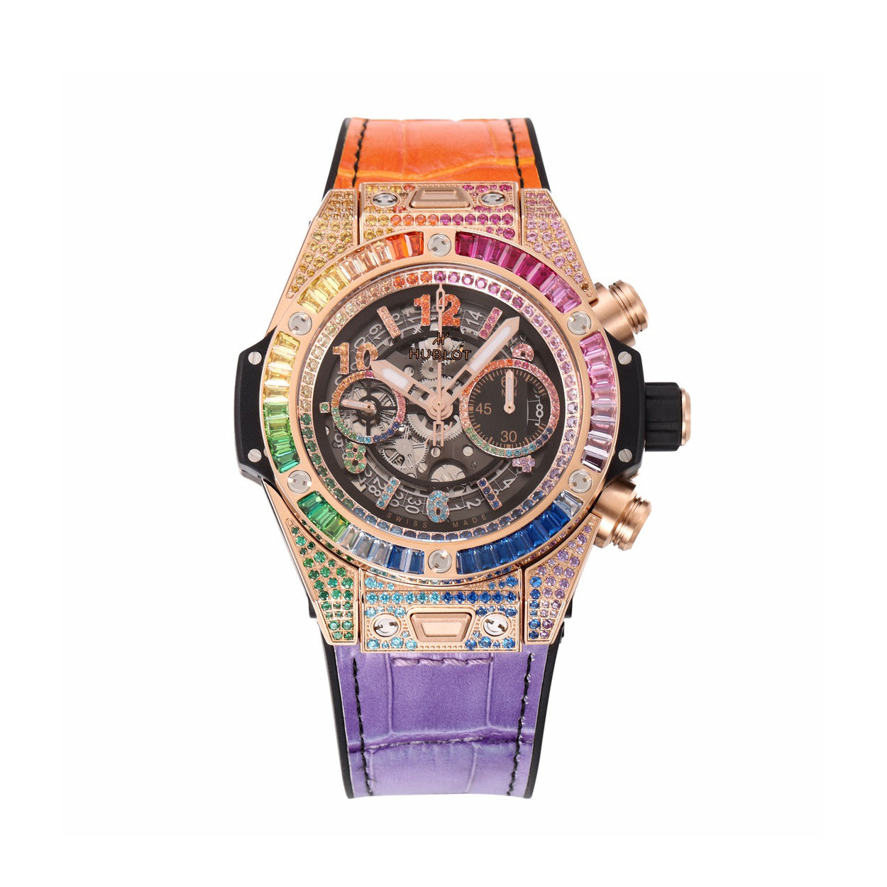 Hublot Men's Automatic Mechanical Movement Date Display Chronograph Skeleton with Colorful Diamonds Watch #76264
