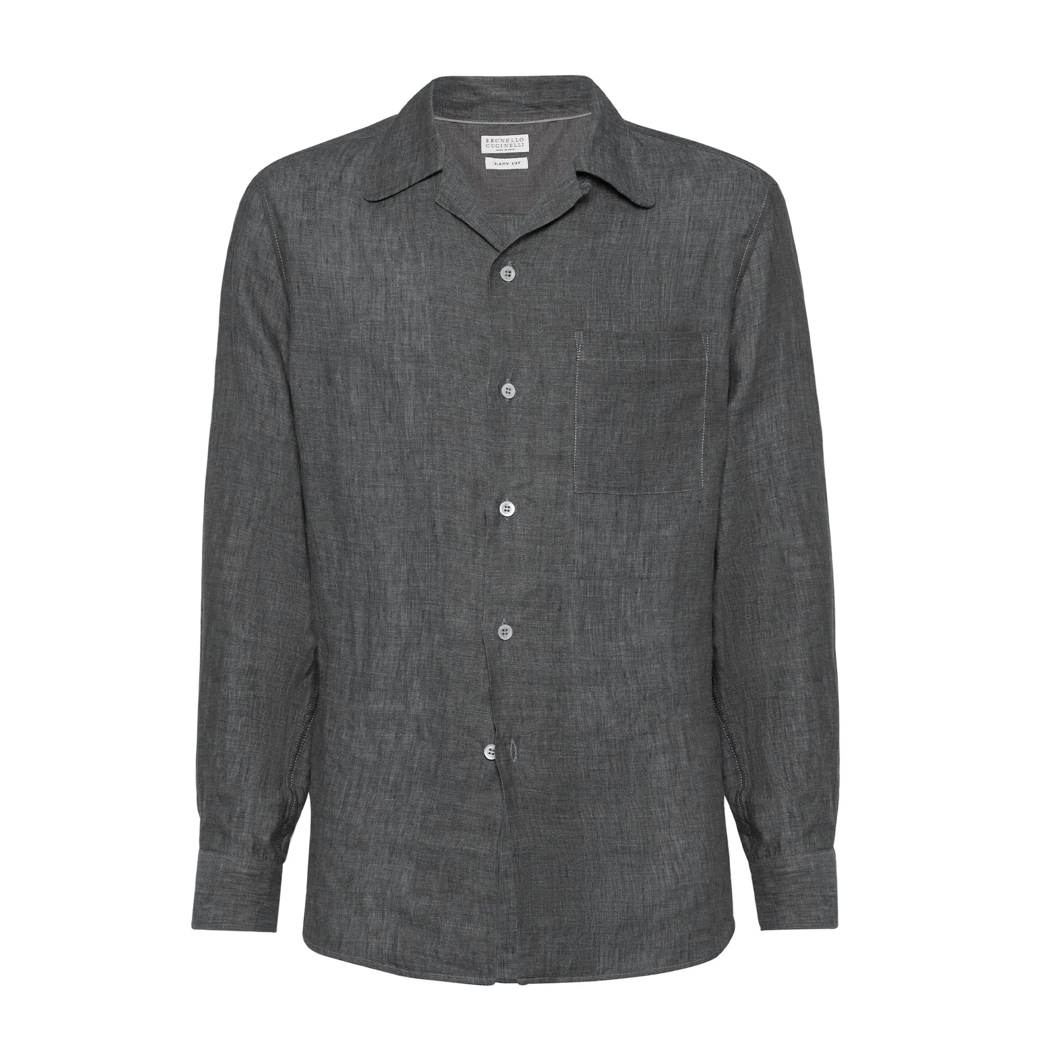 Brunello Cucinelli Men's Linen Easy Fit Shirt with Camp Collar and Chest Pocket Spring And Autumn Solid Color Long Sleeve Top Ngvp #1455