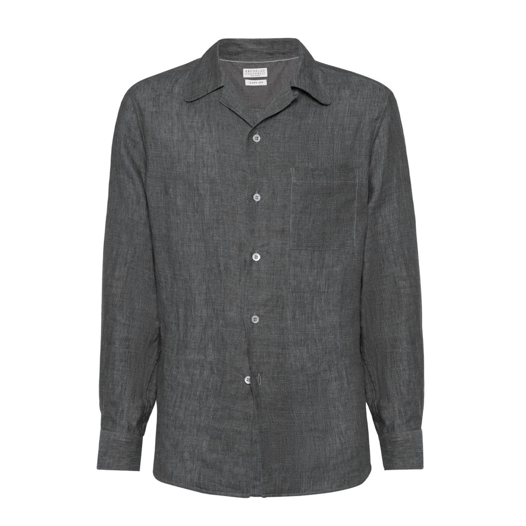 Brunello Cucinelli Men's Linen Easy Fit Shirt with Camp Collar and Chest Pocket Spring And Autumn Solid Color Long Sleeve Top Ngvp #1455