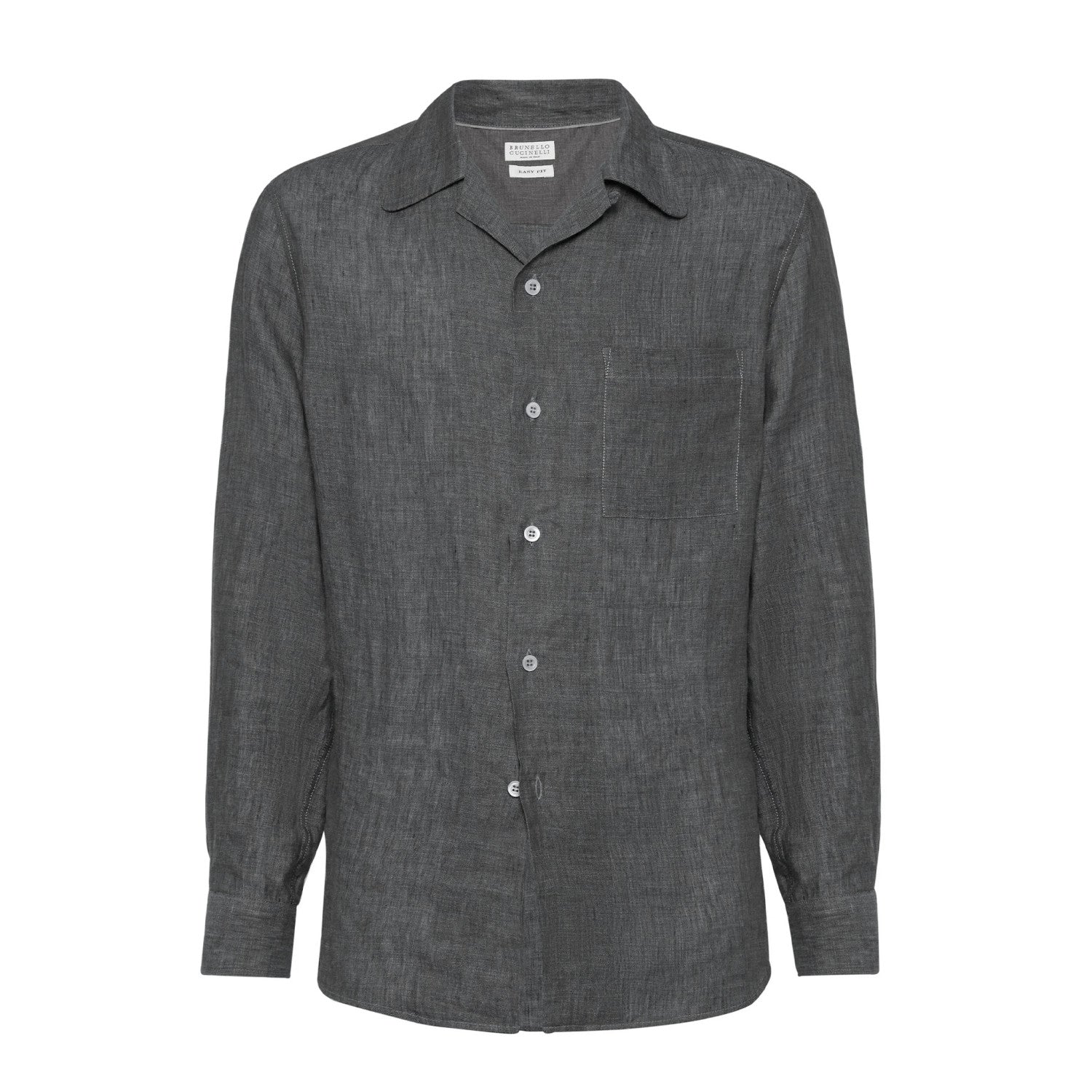 Brunello Cucinelli Men's Linen Easy Fit Shirt with Camp Collar and Chest Pocket Spring And Autumn Solid Color Long Sleeve Top Ngvp #1455