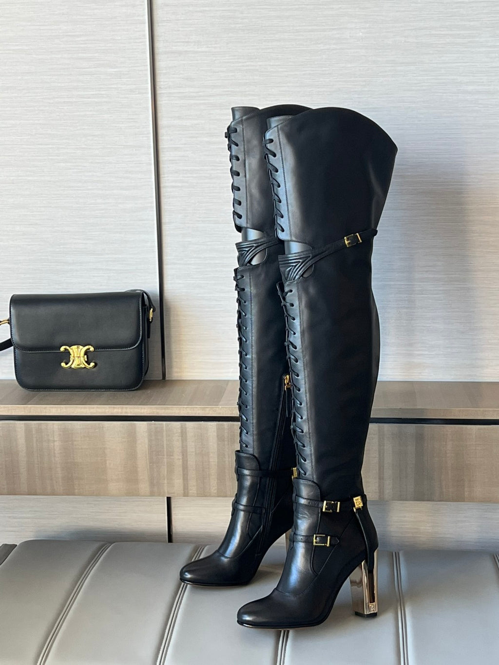 FENDI Women's Classic Solid Color Round-Toe Calfskin Over The Knee Boots For Fall/Winter Shoe #78957