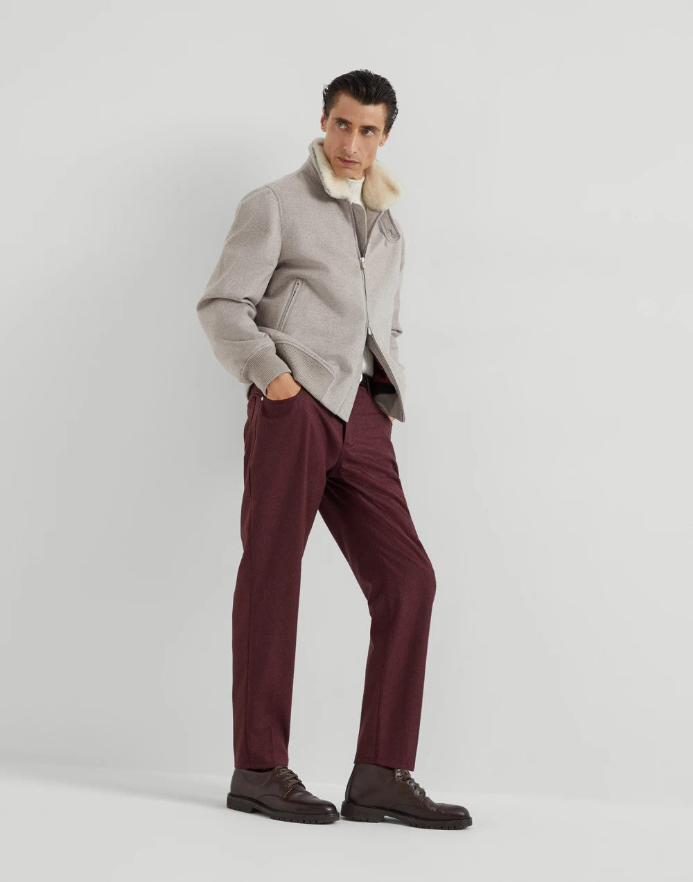 Brunello Cucinelli Men's Fall/Winter Solid-Color Cashmere Lapel Pilot Jacket Loose-Fit Long-Sleeve Outerwear Ngvp #2713