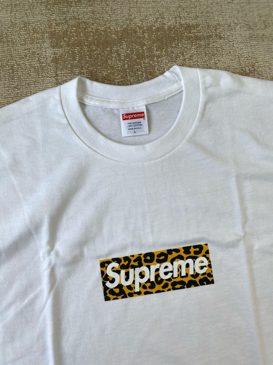 Supreme Men's and Women's Summer Leopard Print Box Logo Shanghai Opening Limited White Short Sleeve T-Shirt #99193