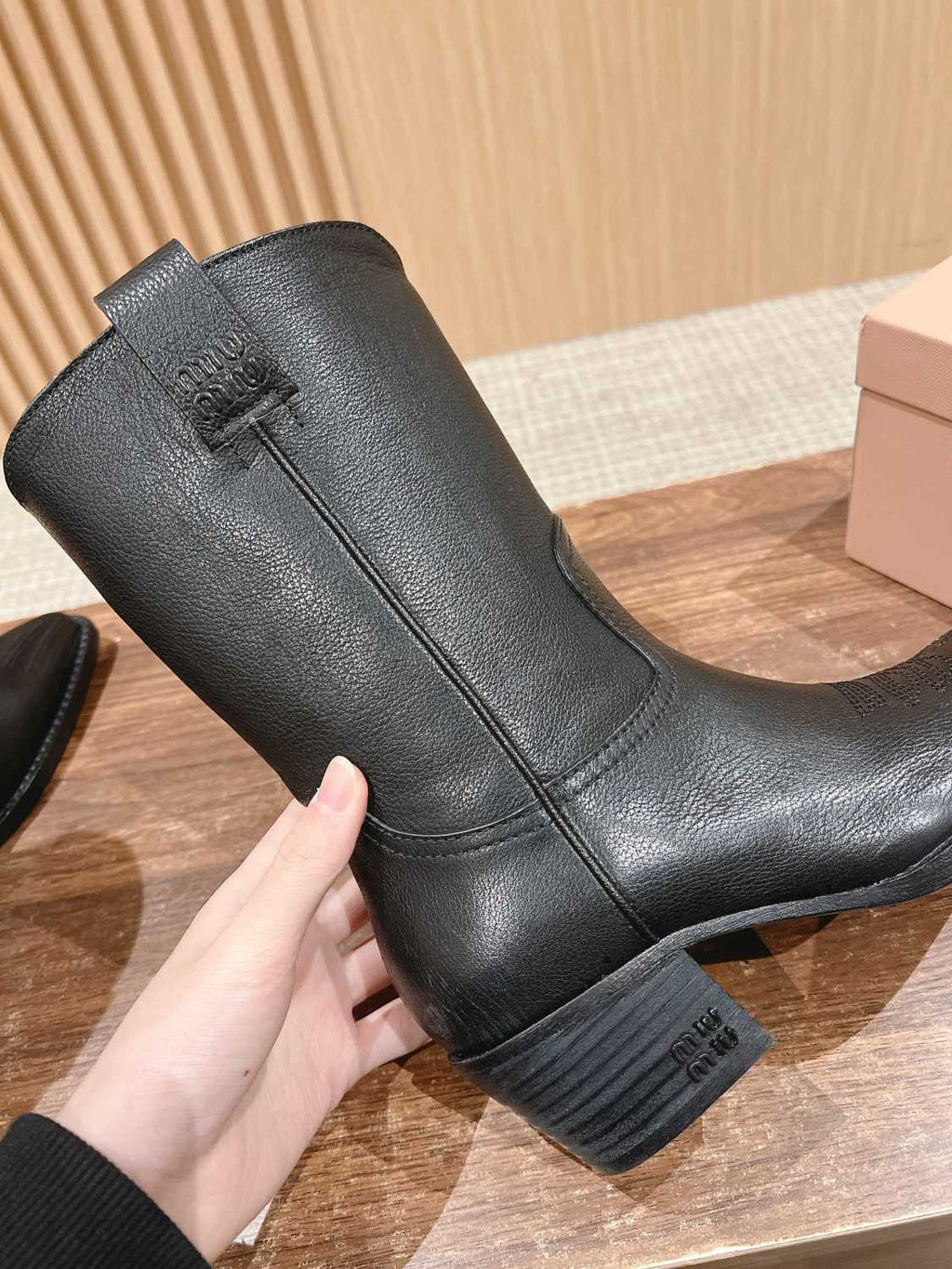 MiuMiu Women's Autumn/winter Fashion Classic Solid Color Retro Leather Pointed Toe High Heel High Boot Shoes #78435
