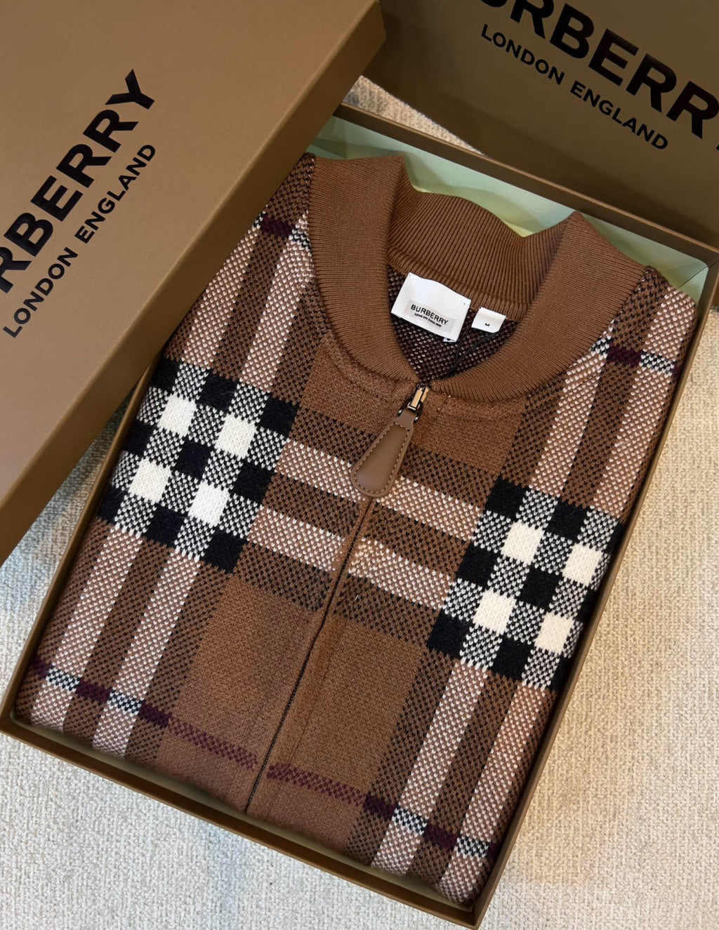 Burberry Men's Check Jacquard Wool Cashmere Knit Zipper Long Sleeve Jacket #74818