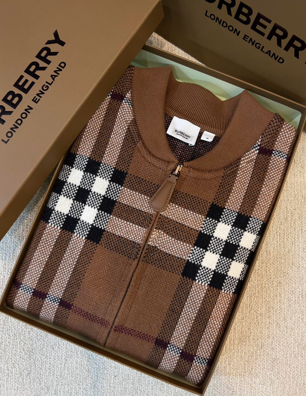 Burberry Men's Check Jacquard Wool Cashmere Knit Zipper Long Sleeve Jacket #74818