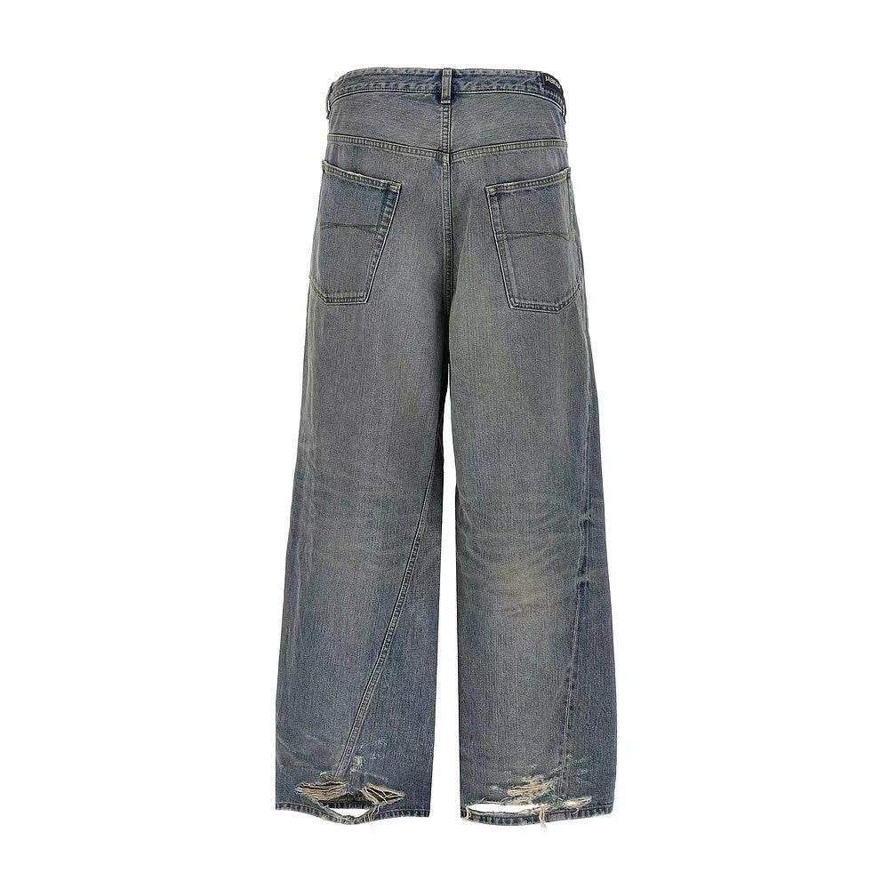 Balenciaga Men's And Women's Seasonal Lace Up Waistband Vintage Broken High Street Gradient Straight Leg Jeans Pants Ngvp #8765