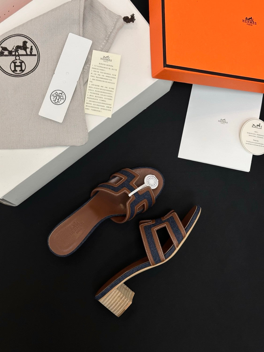 Hermès High-heeled Denim Patchwork Slippers #385101