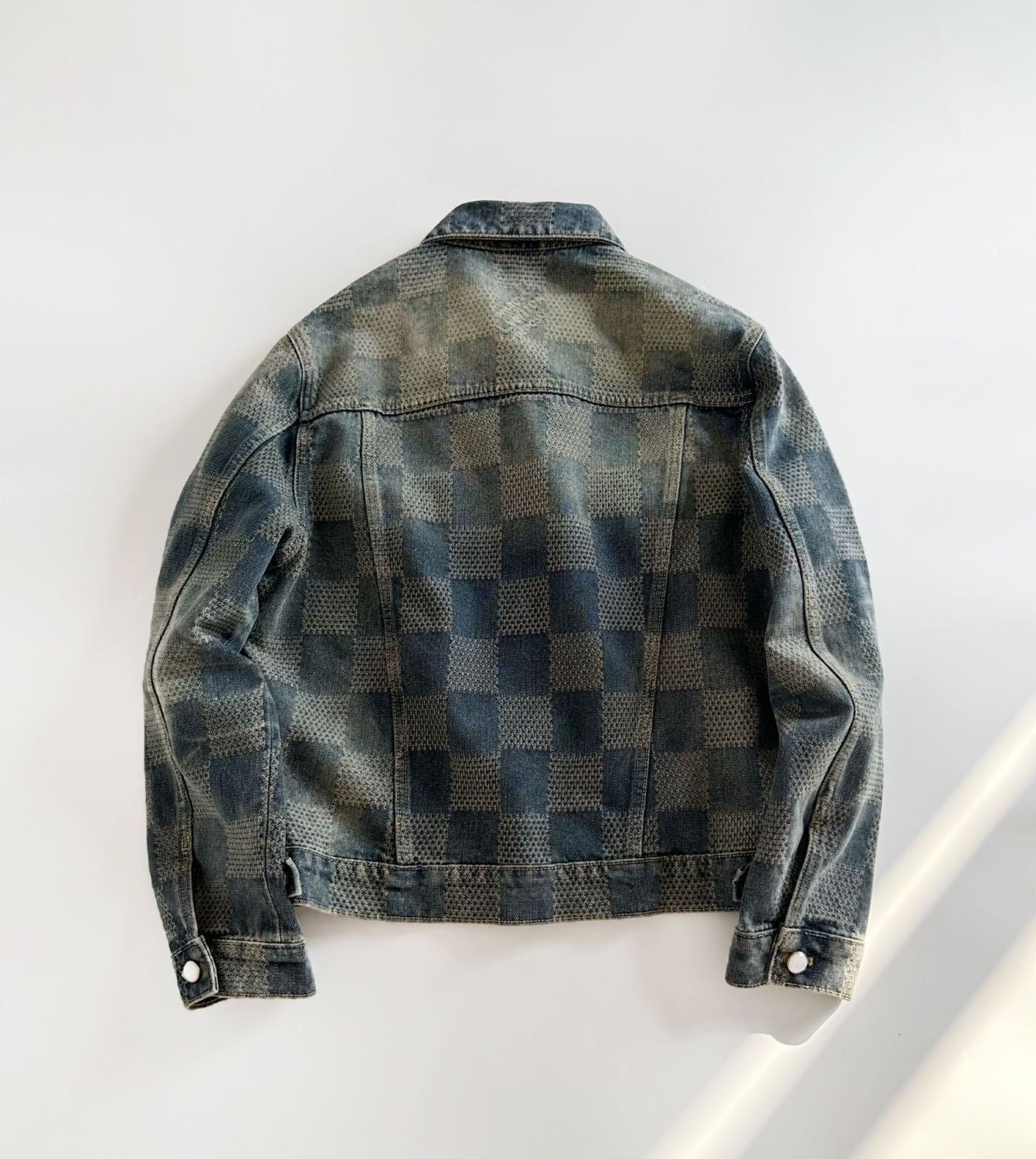 Louis Vuitton Men's Spring And Fall Logo Jacquard Checkerboard Pattern Pocket Single Breasted Denim Jacket Pants Suit Set #72956