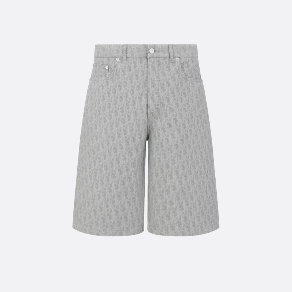 Dior Men's Spring Summer Grey Cotton Denim Oblique Printed Lapel Single Breasted Shirt Denim Straight Wide Leg Shorts Set Suit  #81256