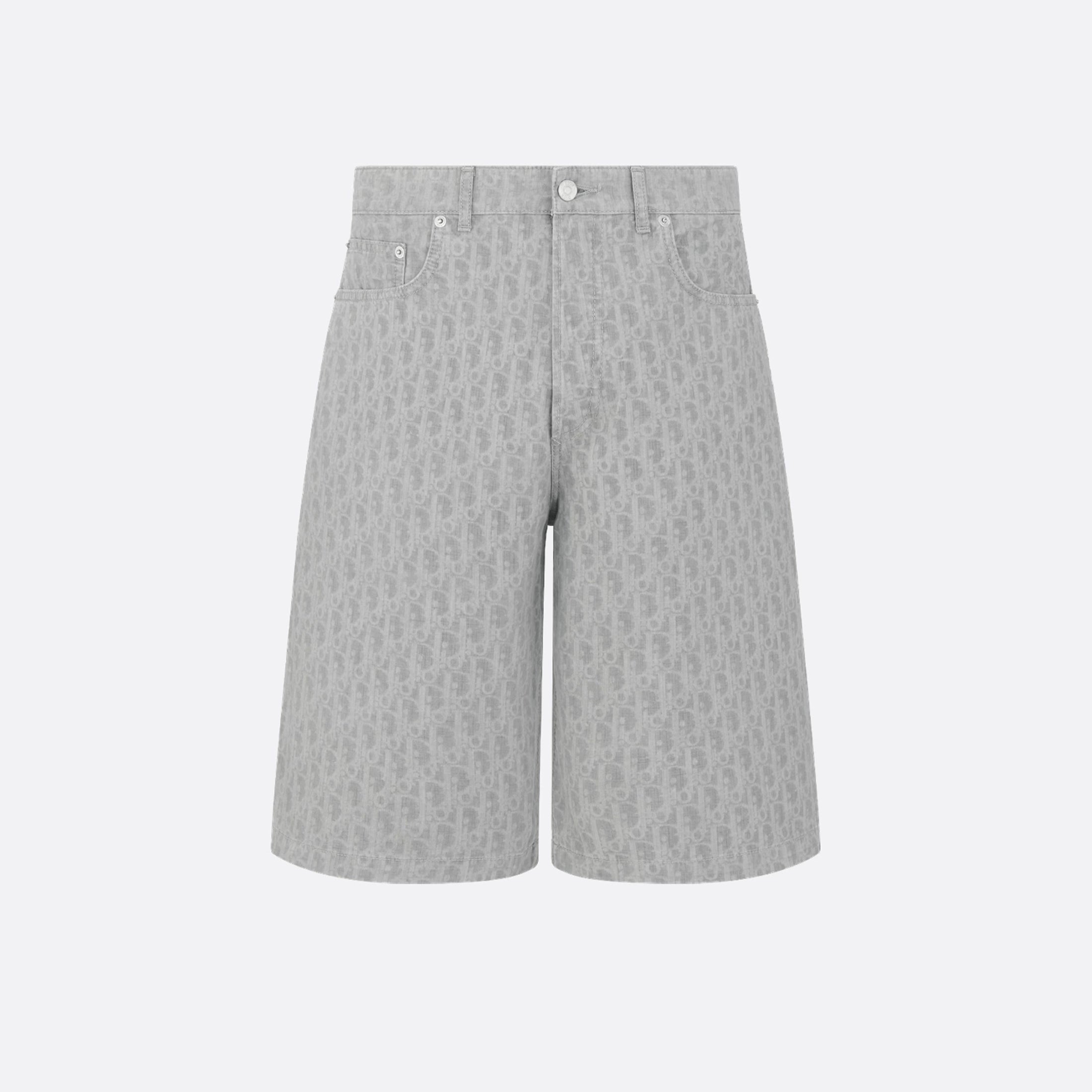 Dior Men's Spring Summer Grey Cotton Denim Oblique Printed Lapel Single Breasted Shirt Denim Straight Wide Leg Shorts Set Suit  #81256