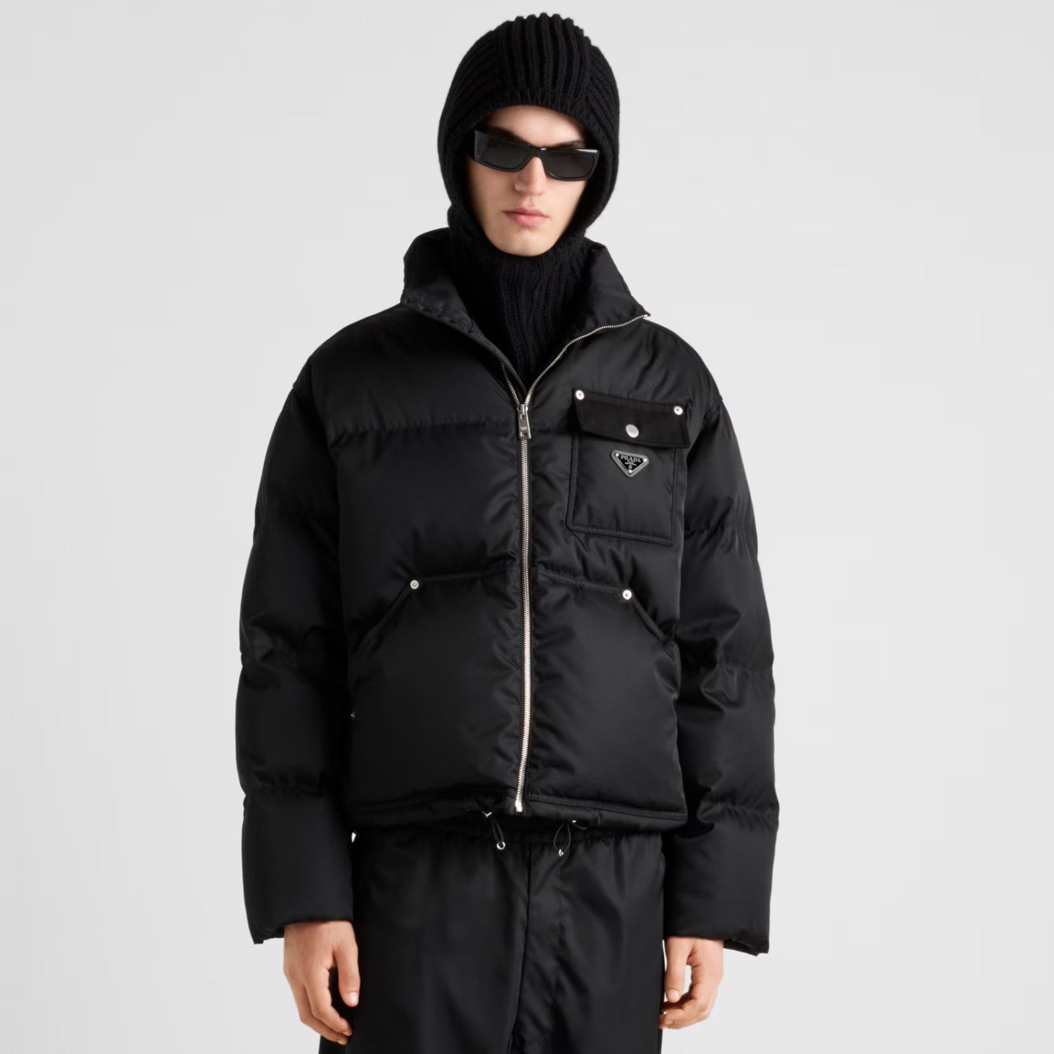 Prada Men's Autumn and Winter Solid Color Standing Collar Fit Zipper Long Sleeve Nylon Puffer Down Jacket #73889