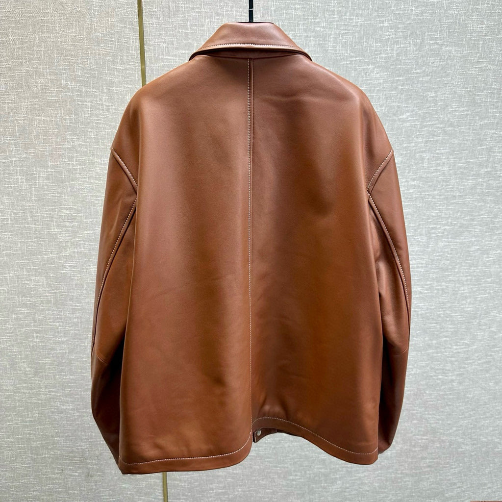 Fendi Men's Autumn and Winter Brown Lapel Zipper Loose Long Sleeve Leather Jacket #98884