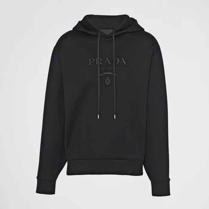 Prada Men's Autumn/Winter Black and White Embroidered Logo Drawstring Cotton Hooded Sweatshirt Pullover #97749