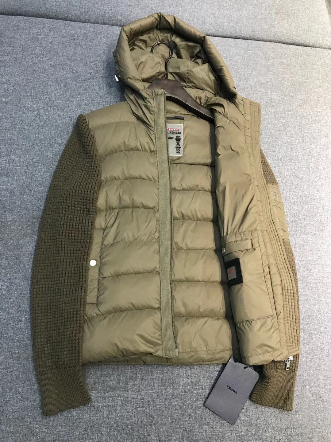 Prada Men's Fall/Winter Fashion Casual Classic Logo Triangular Enamel Emblem Hooded Zipper Patchwork Down Jacket #79548