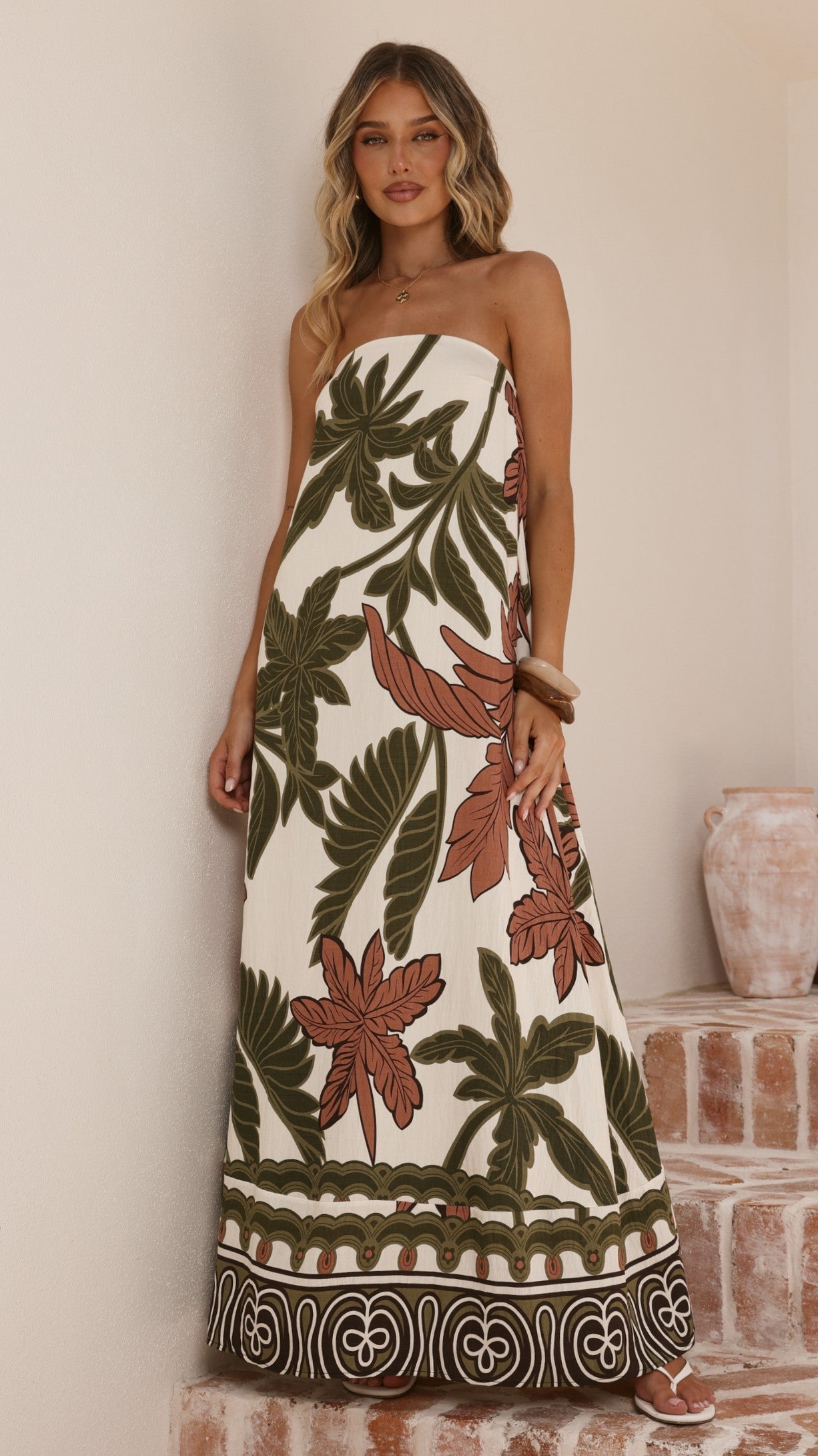 Connie Maxi Dress - Green/Beige Palm