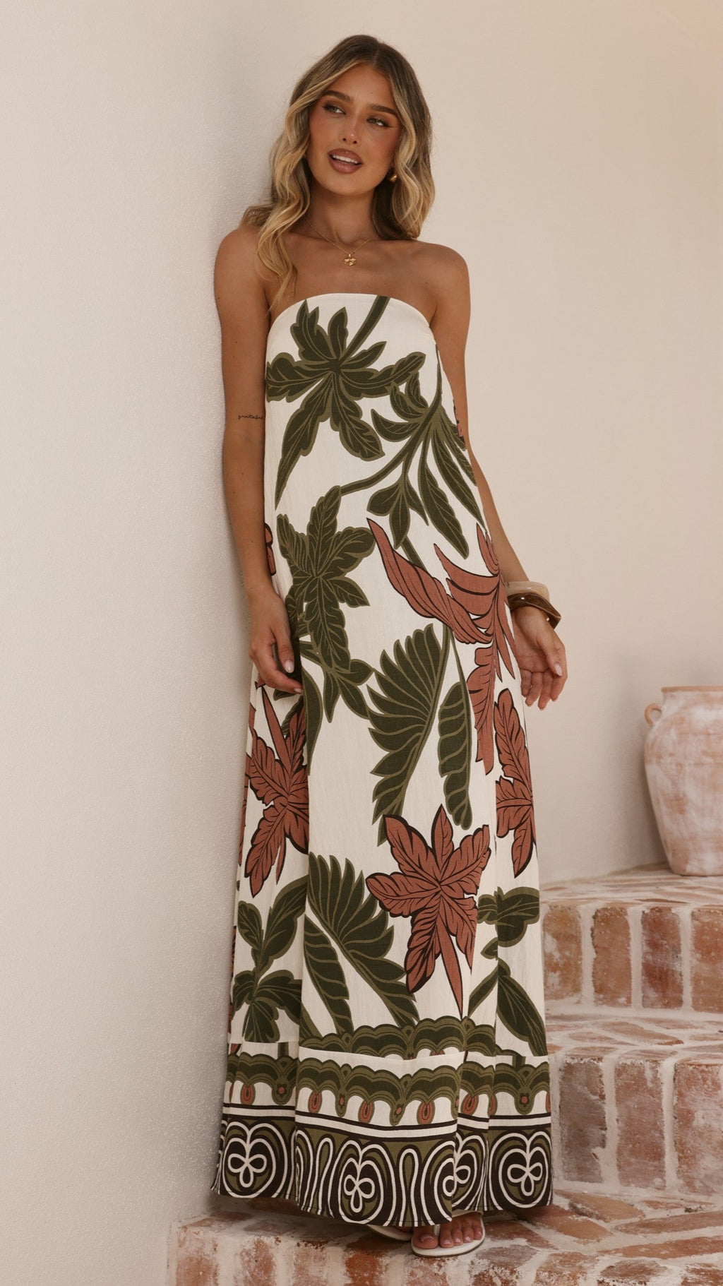 Connie Maxi Dress - Green/Beige Palm