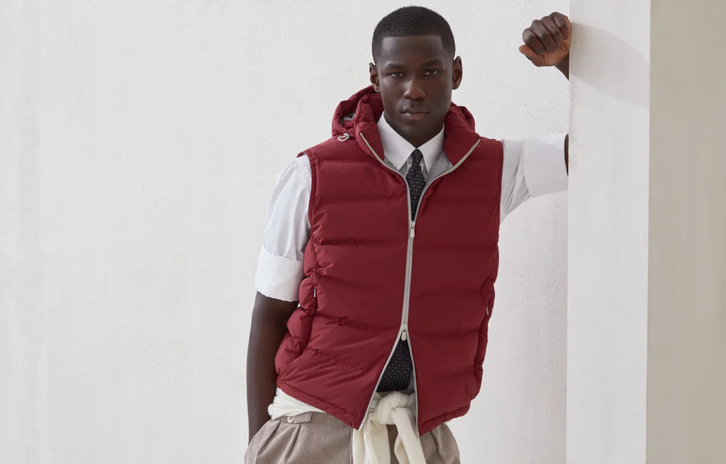 Brunello Cucinelli ﻿Men's Fall/Winter Stand-Up Collar Double-Zip Bonded Taffeta Down Vest with Heat-Sealed Seams And Detachable Hood Ngvp #2717
