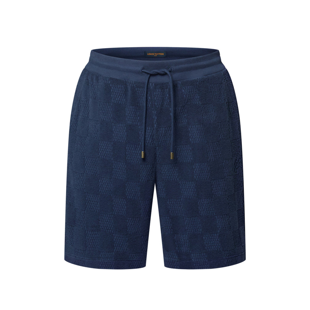 Louis Vuitton Men's Summer Solid Color Checkered Print Cotton Terry Cloth Drawstring Shorts #77876