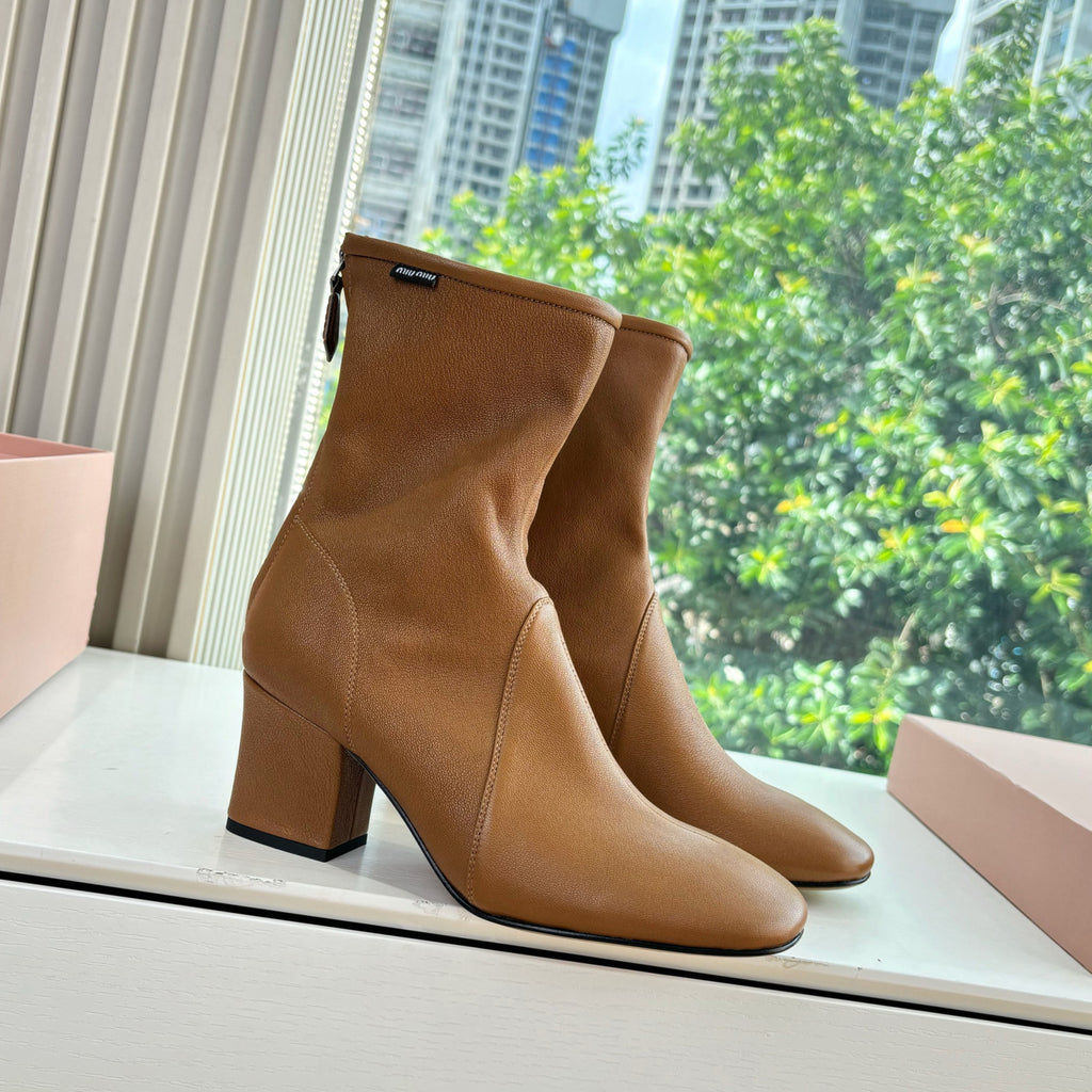 MiuMiu Nappa Women's Spring/Fall Fashion Casual Chunky Heel Leather Round Toe Slip On Zipper Ankle Boots Shoes #78717