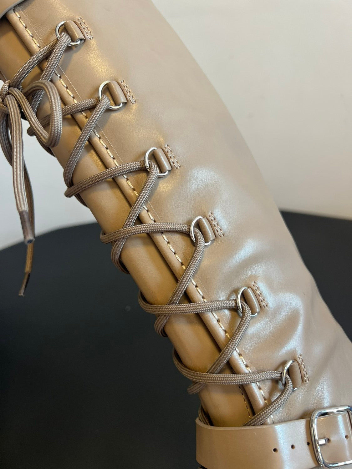 Hermes Women's Fall/Winter Landscape Boots Lace-Up Round-Toe High-Top Boots Solid-Color Cowhide Casual Shoes Heel Height: 3.5cm Ngvp #2326