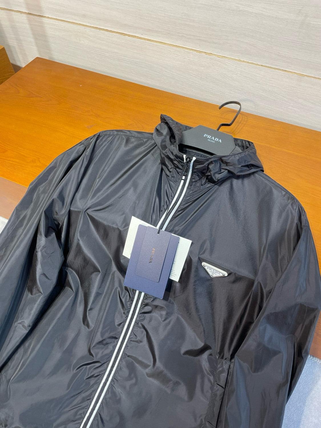 Prada Men's Spring/fall Fashion Casual Solid Color Zipper Hooded Triangle Logo Nylon Drawstring Jacket #79139
