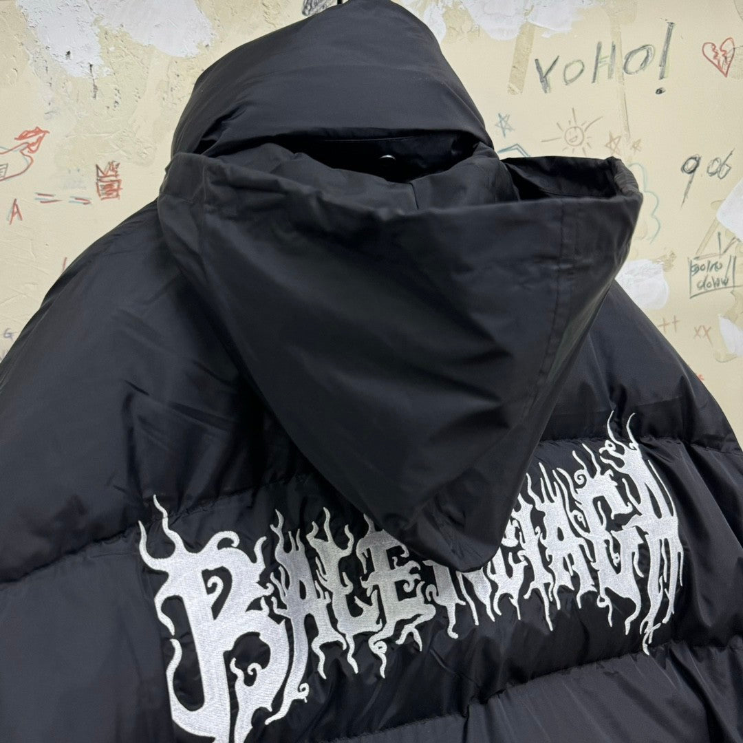 Balenciaga Men's Winter Flame Letter Logo Print Black Nylon Fabric Long Sleeve Puffer Down Jacket #73718