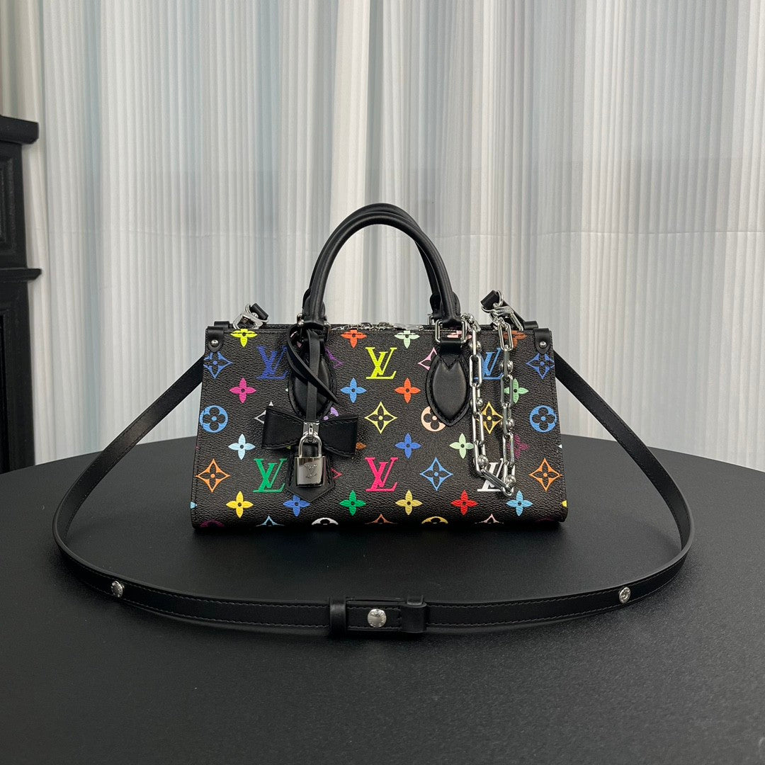Louis Vuitton Lv X Tm Onthego East West Chain Women's Removable Shoulder Strap Zipper Closure Colorful Monogram Printed Printed Coated Canvas Leather Trimmed Shoulder Crossbody Bag Bags #75561