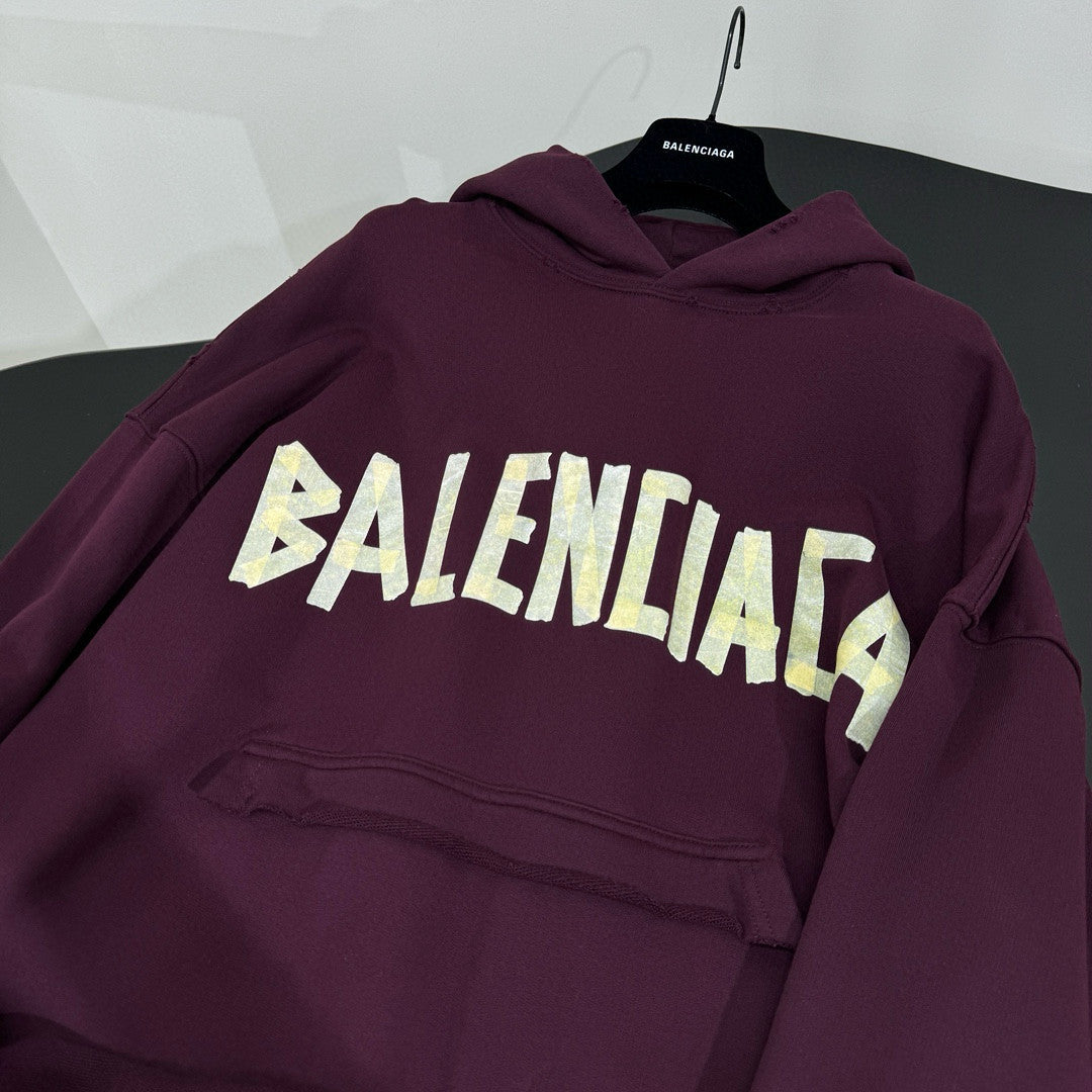 Balenciaga Men's Summer Crimson Letter Print Crew Neck Regular Fit Hooded Sweatshirt Pullover #98986