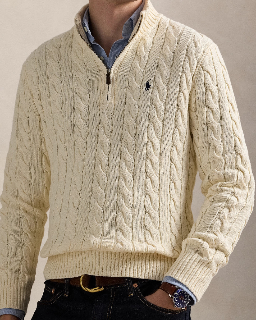 Ralph Lauren Men's Spring/Fall/Winter Half-Zip Stand Collar Logo Embroidered Solid Color Cable-Knit Long-Sleeve Sweater #81536