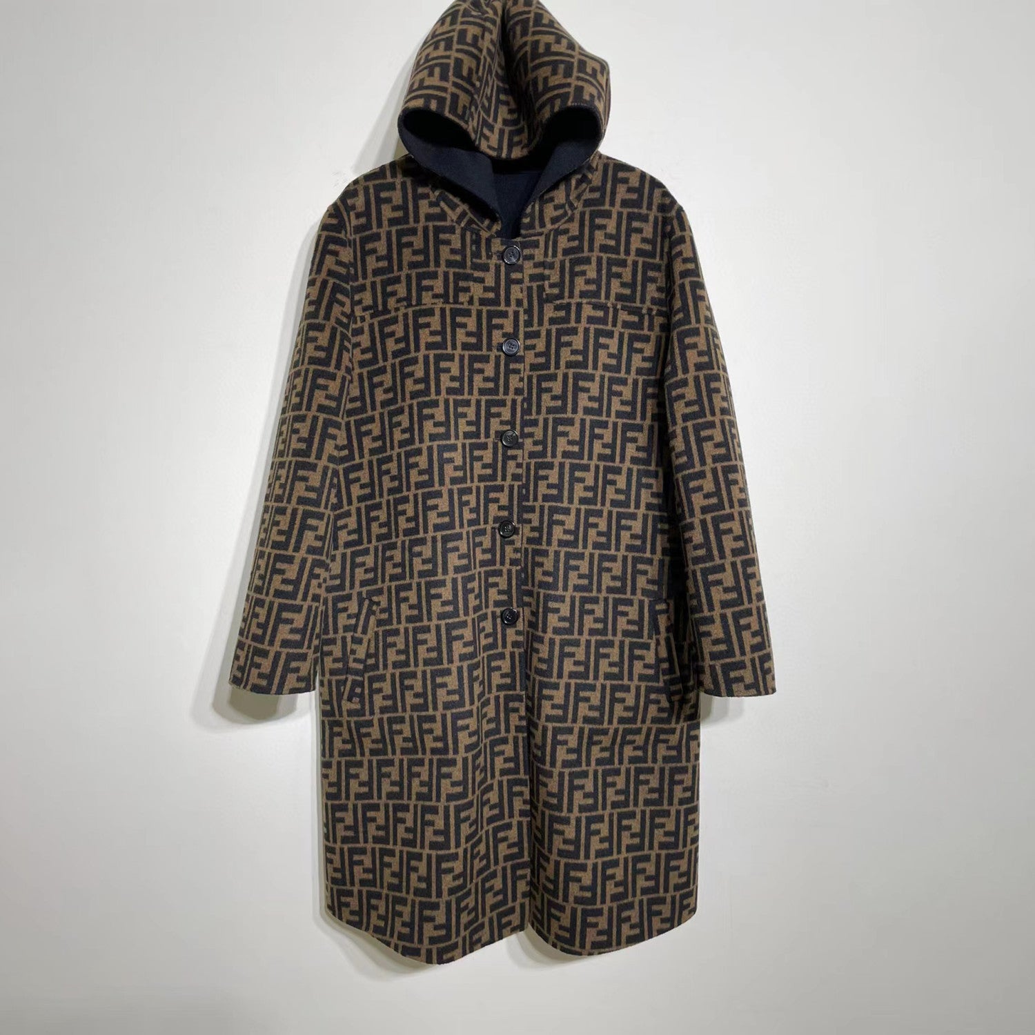 FENDI Woolen Double-Sided Hooded Full-Printed Coat Jacket  #3715