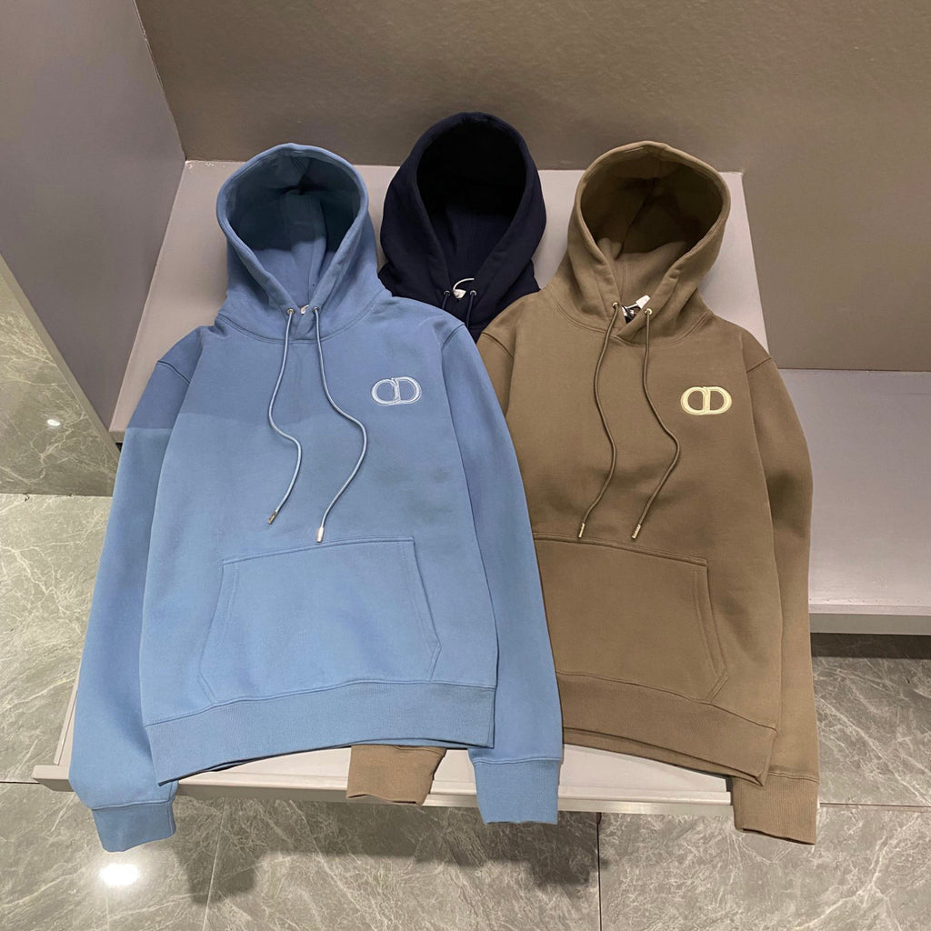 Dior Men's and Women's Spring and Autumn Solid Color Embroidered Logo Cotton Hooded Drawstring Sweatshirt Pullover #72938