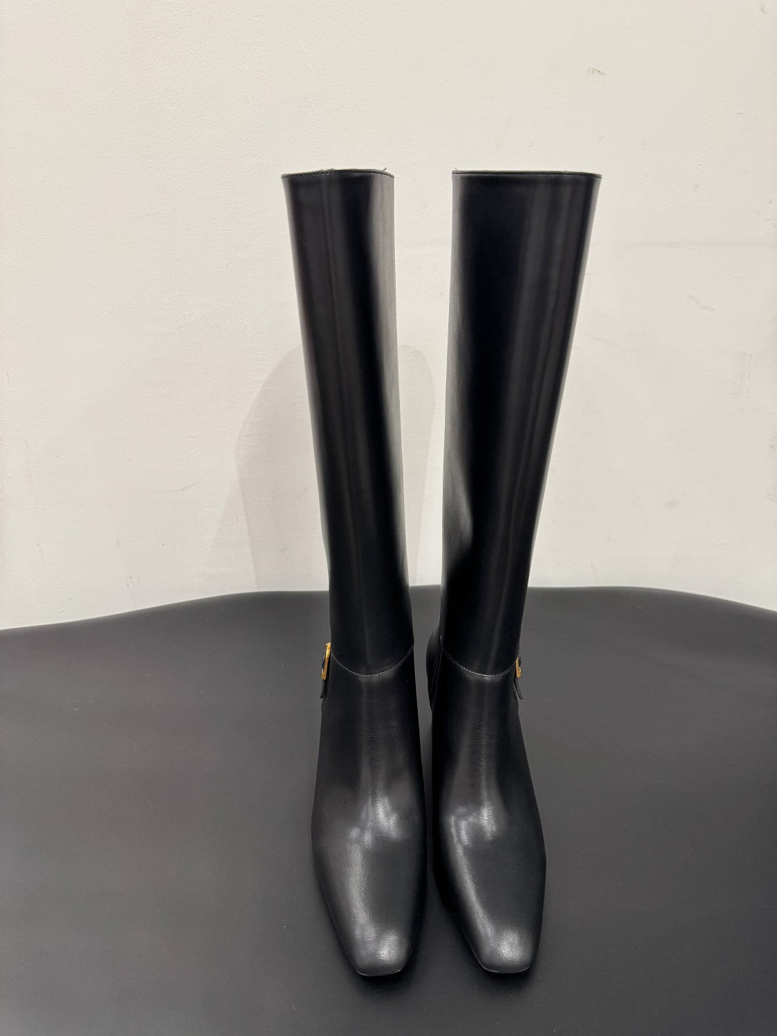 Saint Laurent JULIA Women's Fall/Winter Solid Color Fashion Classic Leather Knee-High Boots. Chunky Heel Shoes Heel Height 7cm Boot Shoes #79217