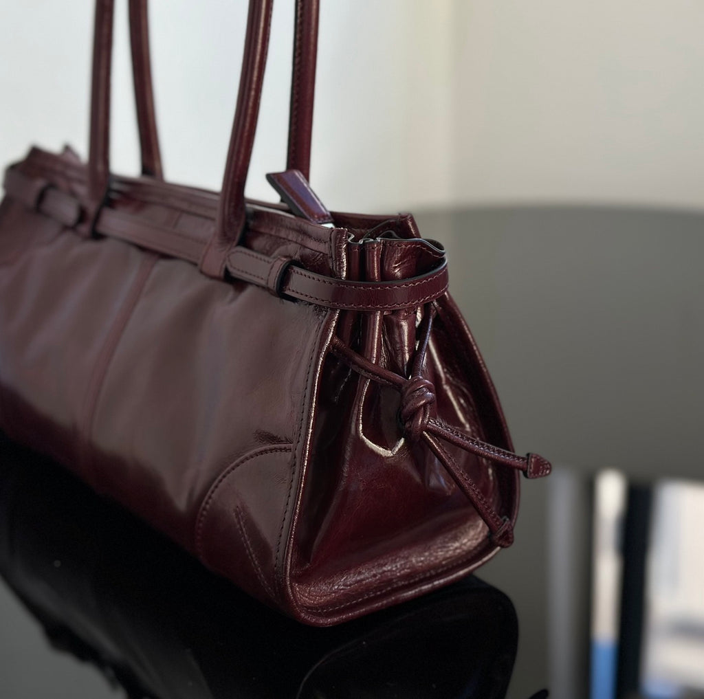 Prada Soft Lux new Bordeaux red motorcycle bag. authentic quality. made of waxed leather. with long handles and a detachable long shoulder strap #83132A
