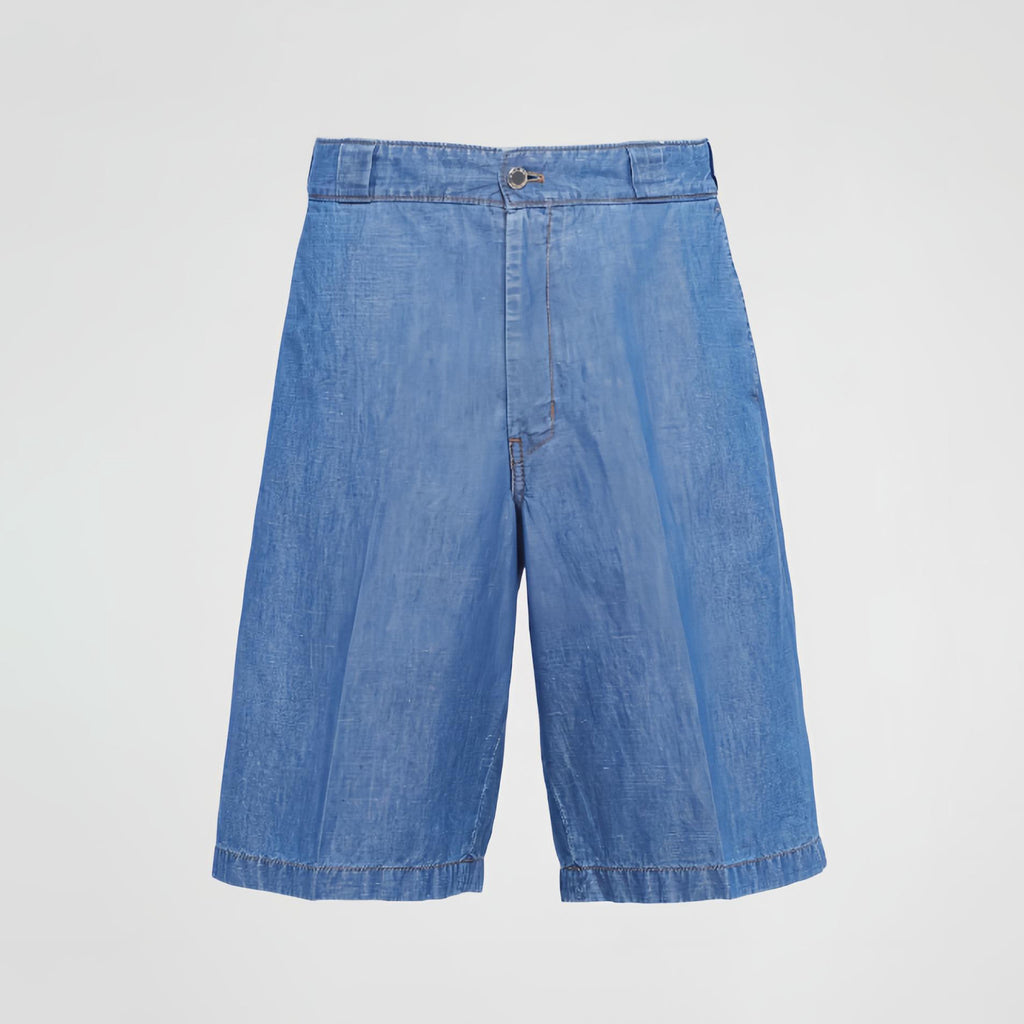 Prada Men's Summer Blue Lapel Single Breasted Short Sleeve Denim Shirt Jacket Shorts Set Suit #98554