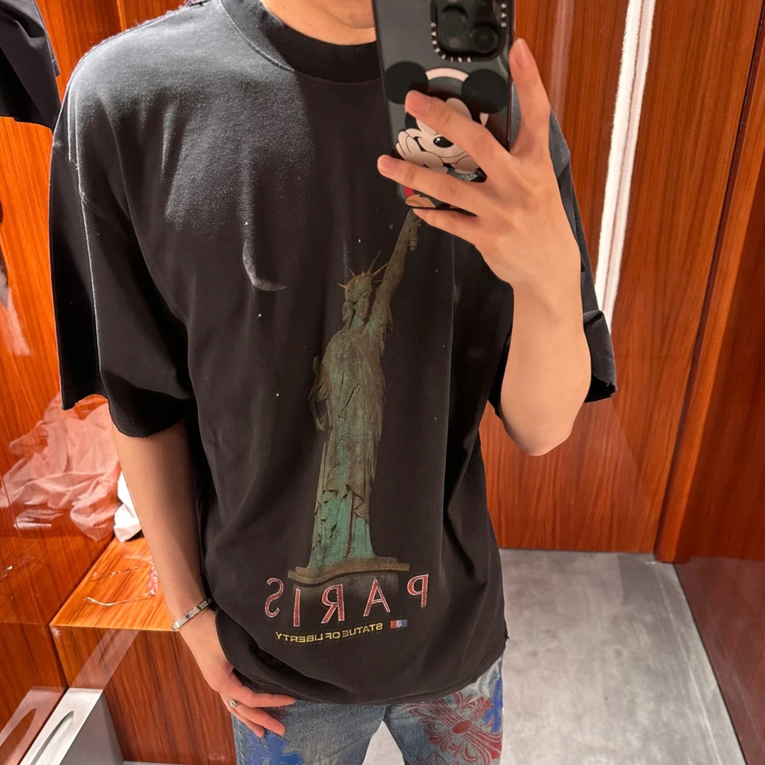 Balenciaga Men's Spring/summer Statue Of Liberty Solid Color Retro Loose Casual Plain Knitted Large Silhouette Short Sleeved T-shirt Ngvp #8352