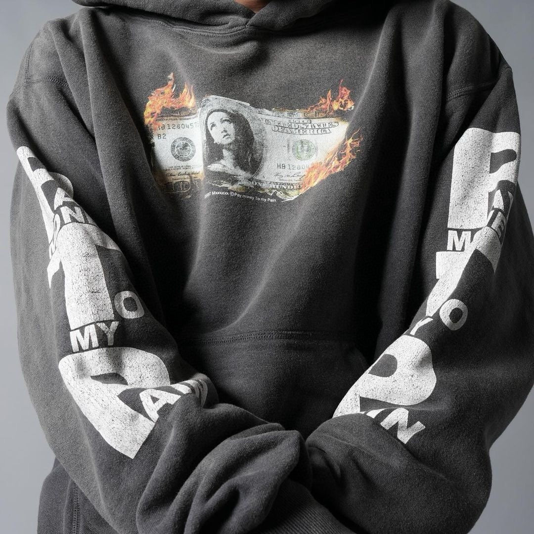 Saint Michael x Pay Money To My Pain Men's Women's Spring And Autumn Cotton Patterned Printed Long Sleeve Fitted Black Hooded Sweatshirt Ngvp #9353
